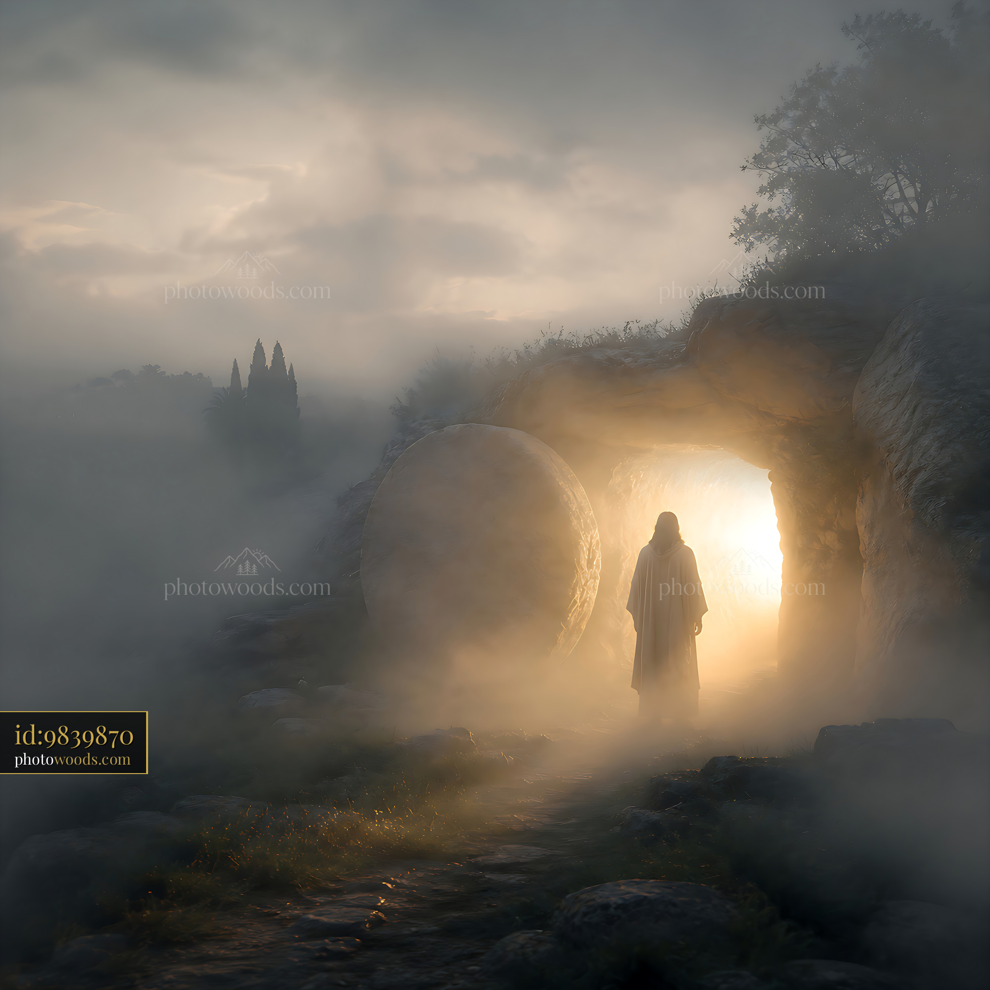 Figure Walks out of Cave Into Light With Fog Surrounding Path