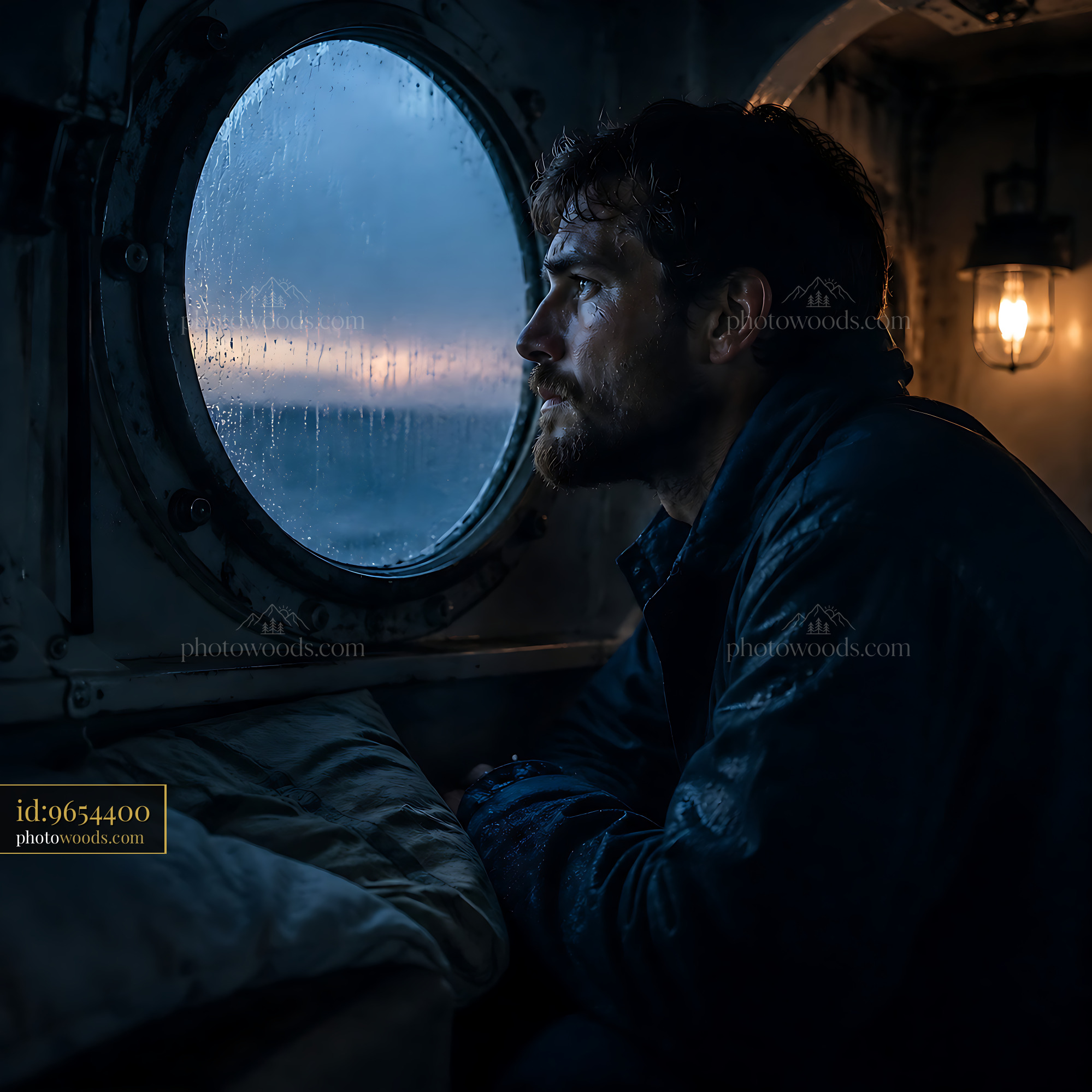 Man Looks out Window of Ship During Stormy Weather at Night