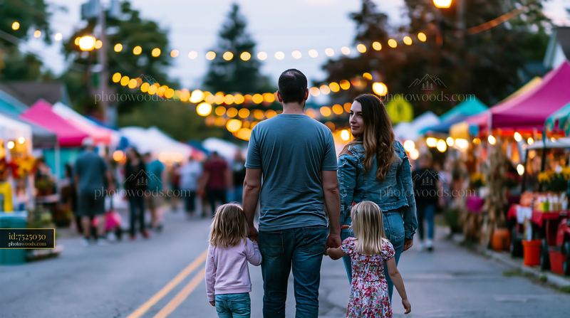 Neighbors at a Small Local Harvest Festival Walking With Children