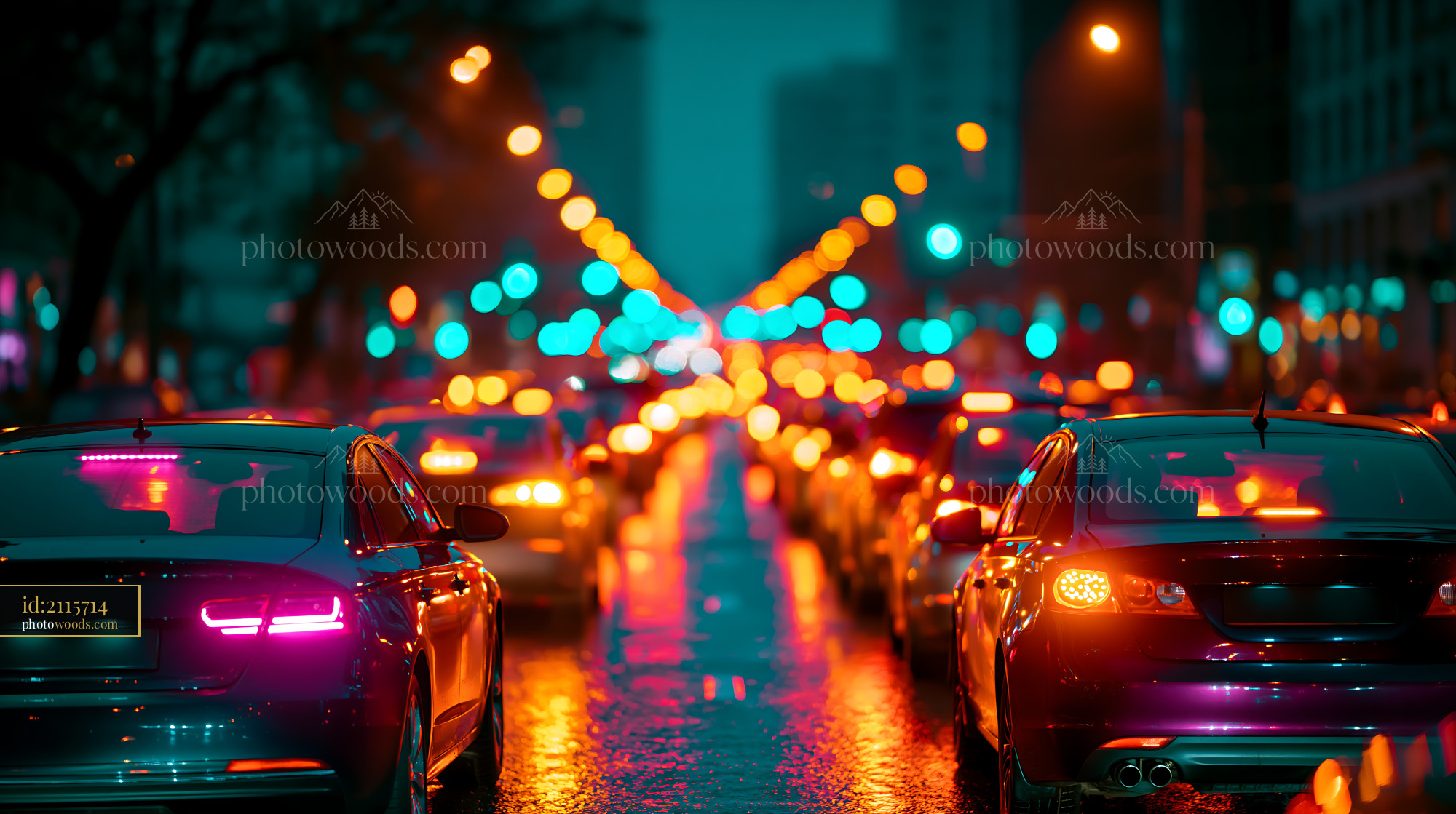 Cars in City Traffic With Lights at Night Creating Reflections