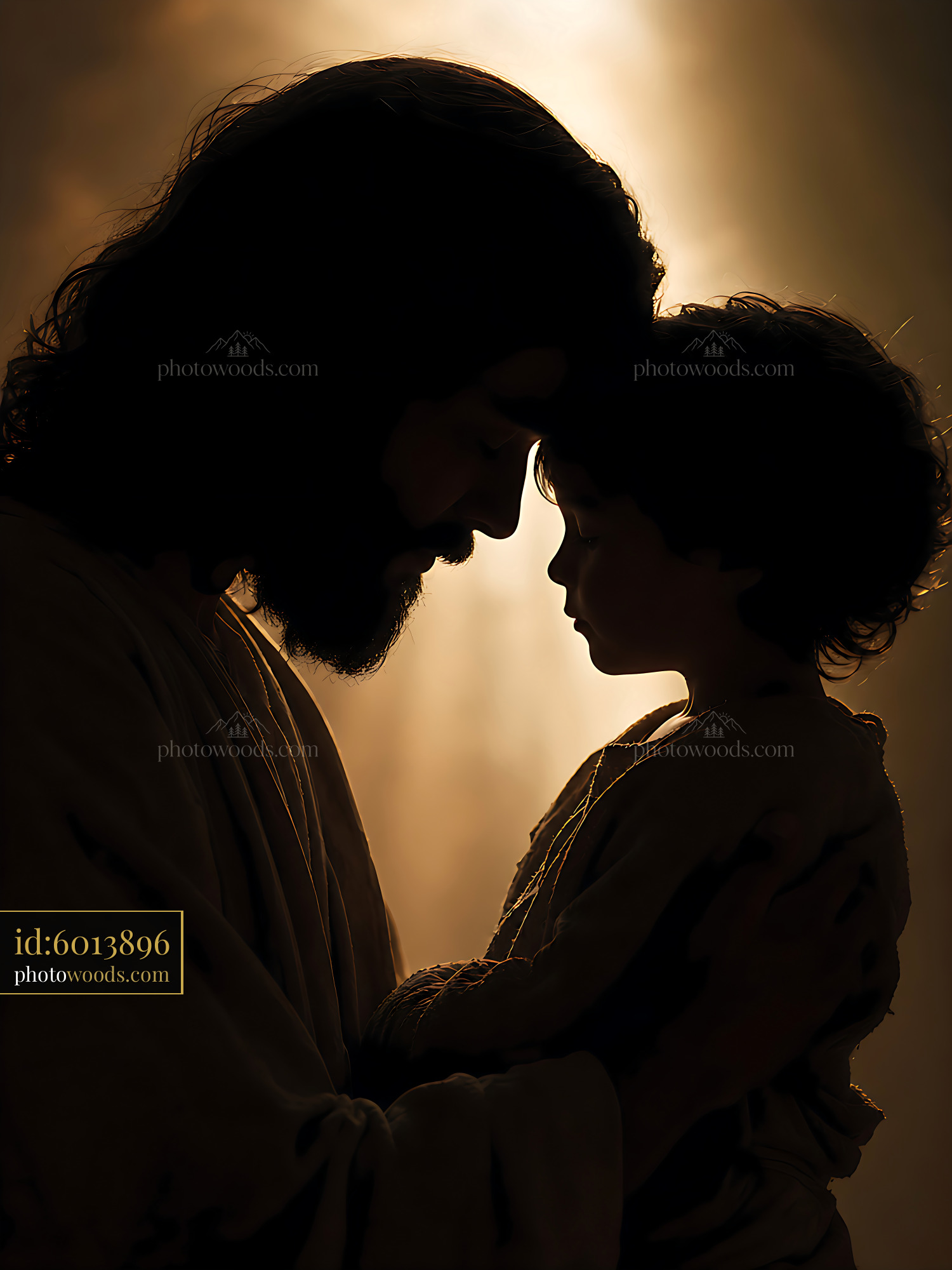 Jesus Holds Child Close in Silhouette With Warm Light Behind