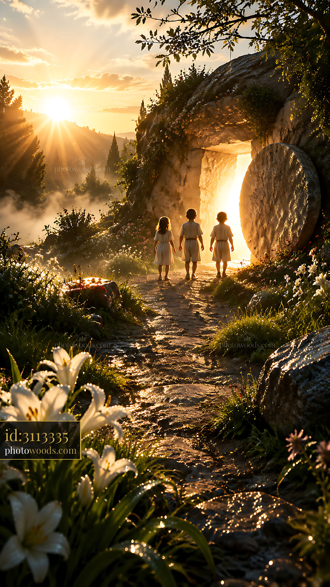 Children Walk Towards Light Near the Stone Door at Sunset