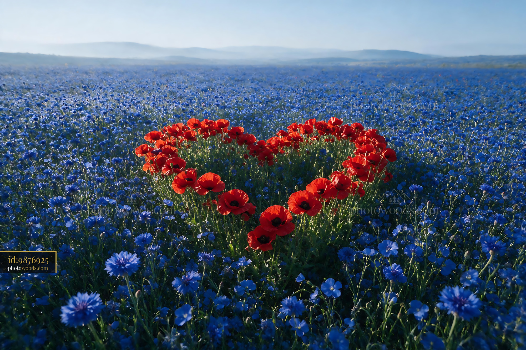 Red Poppies and Blue Flowers Form Heart Shape in Open Field