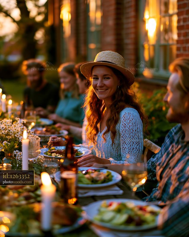 Friends Celebrating Midsummer at a Long Outdoor Table