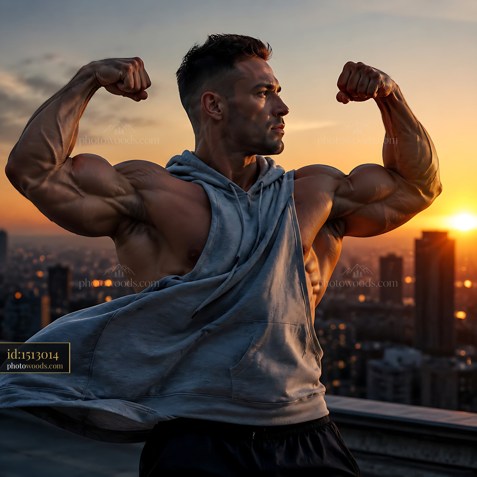 Muscular Man Flexing Arms During Sunset at City Rooftop
