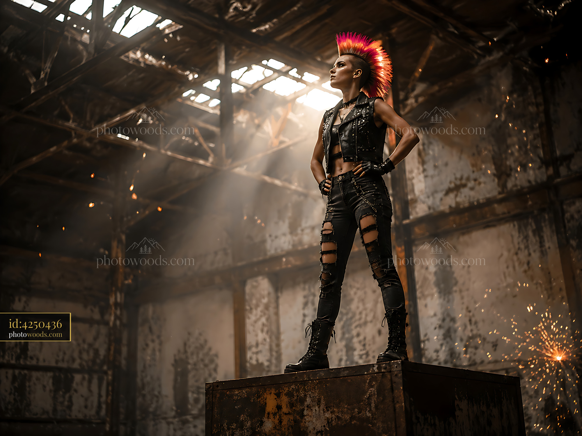 Punk Model Stands on Crate in Industrial Setting With Sparks