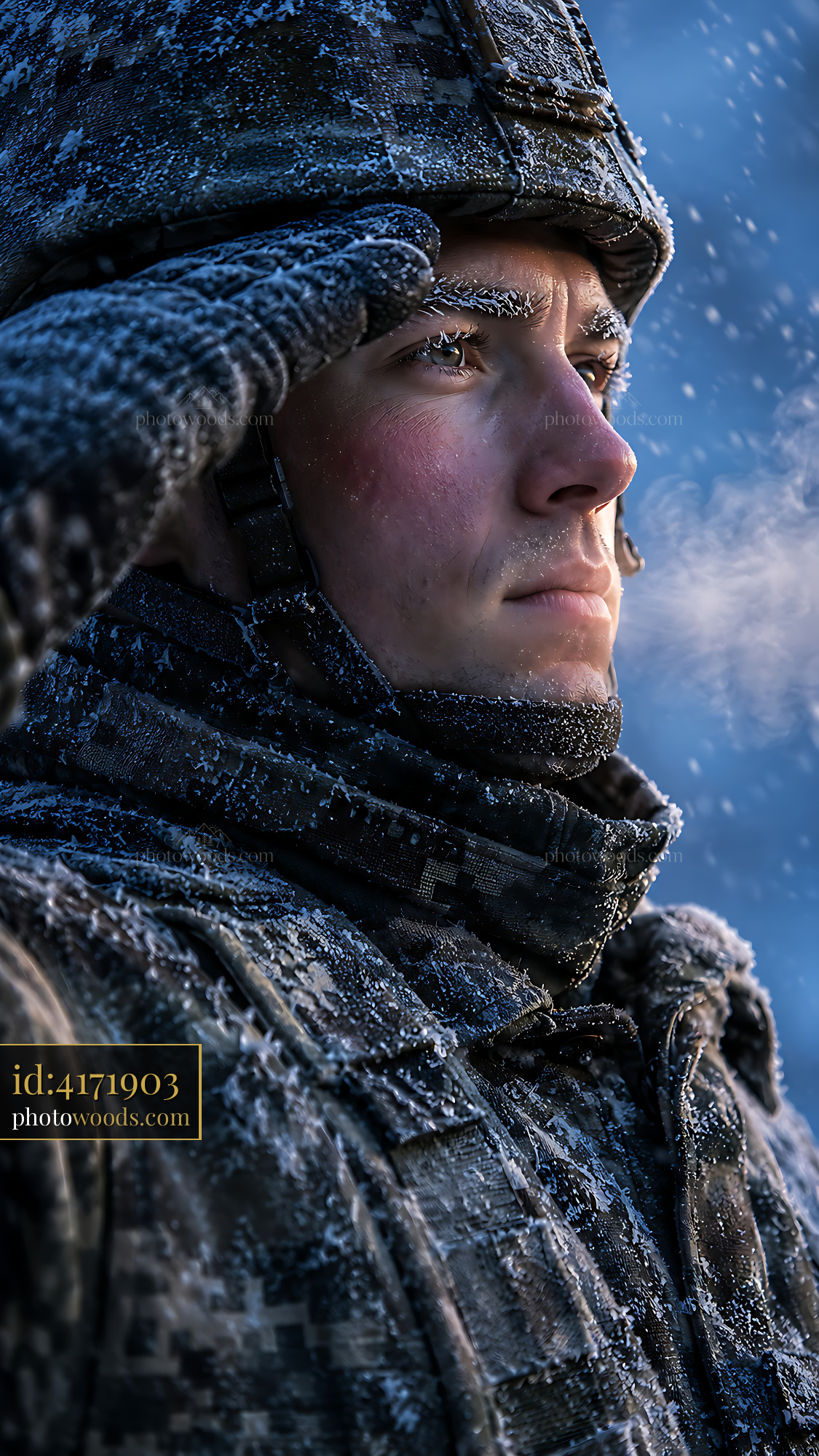 Soldier Saluting in Snowy Environment With Cold Breath Visible