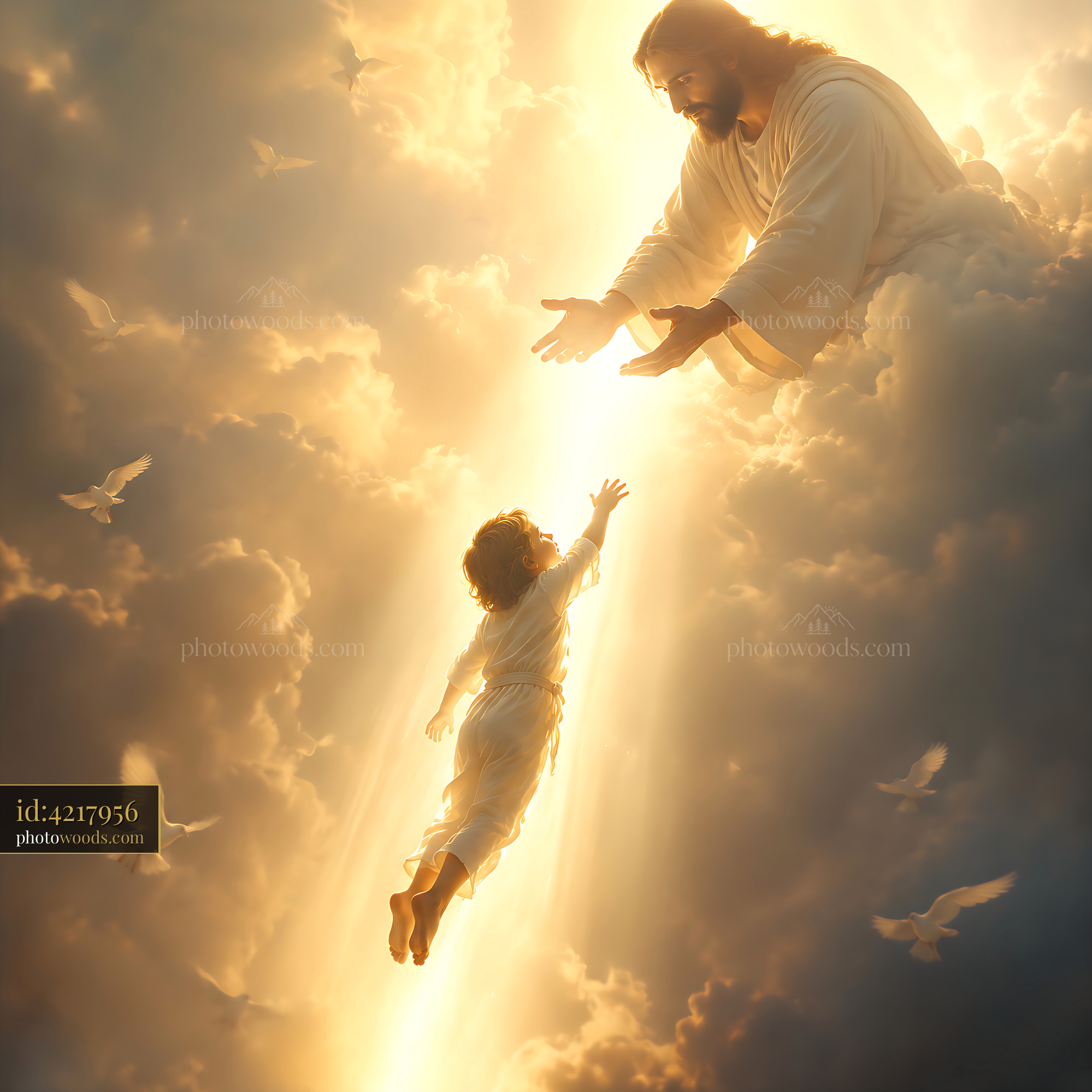 Child Reaching for Hand From Cloud With Figure Above