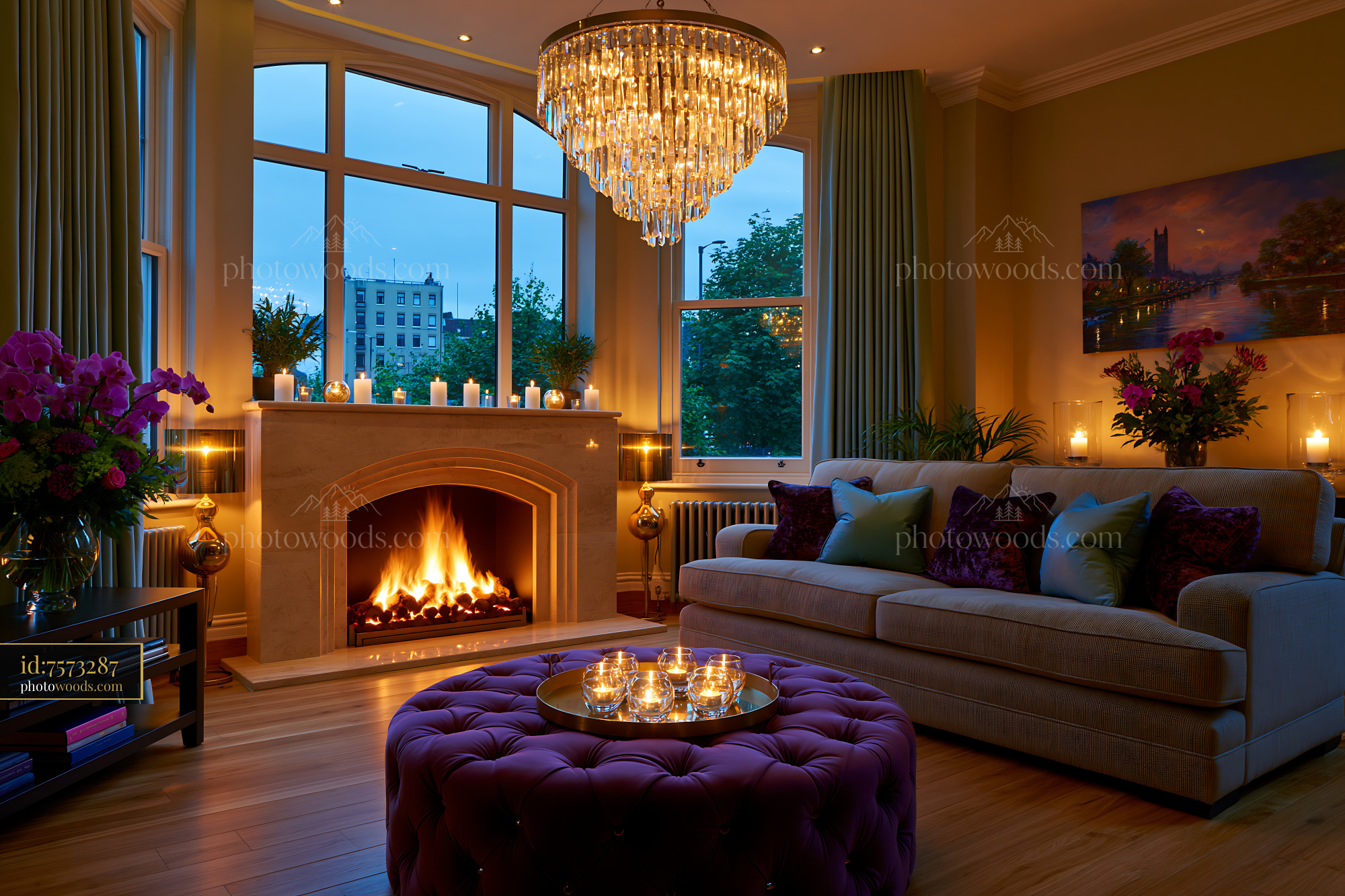 Modern Living Room With Travertine Fireplace and Chandelier