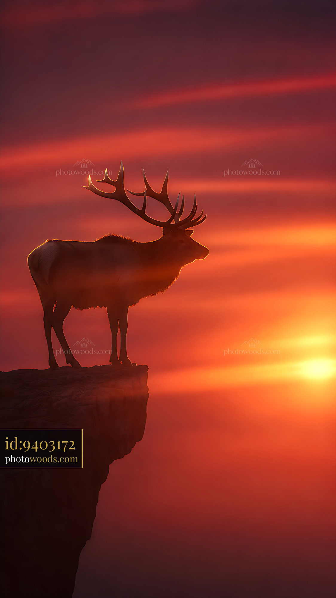 Deer Stands on Cliff Against Sunset With Colorful Sky