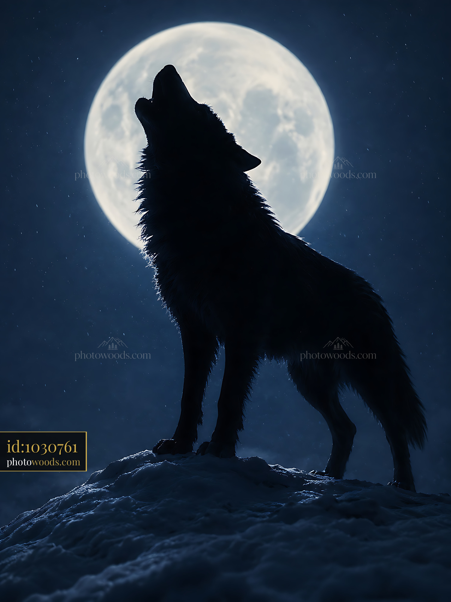 Wolf Howls at the Moon on a Snowy Night in a Dark Landscape