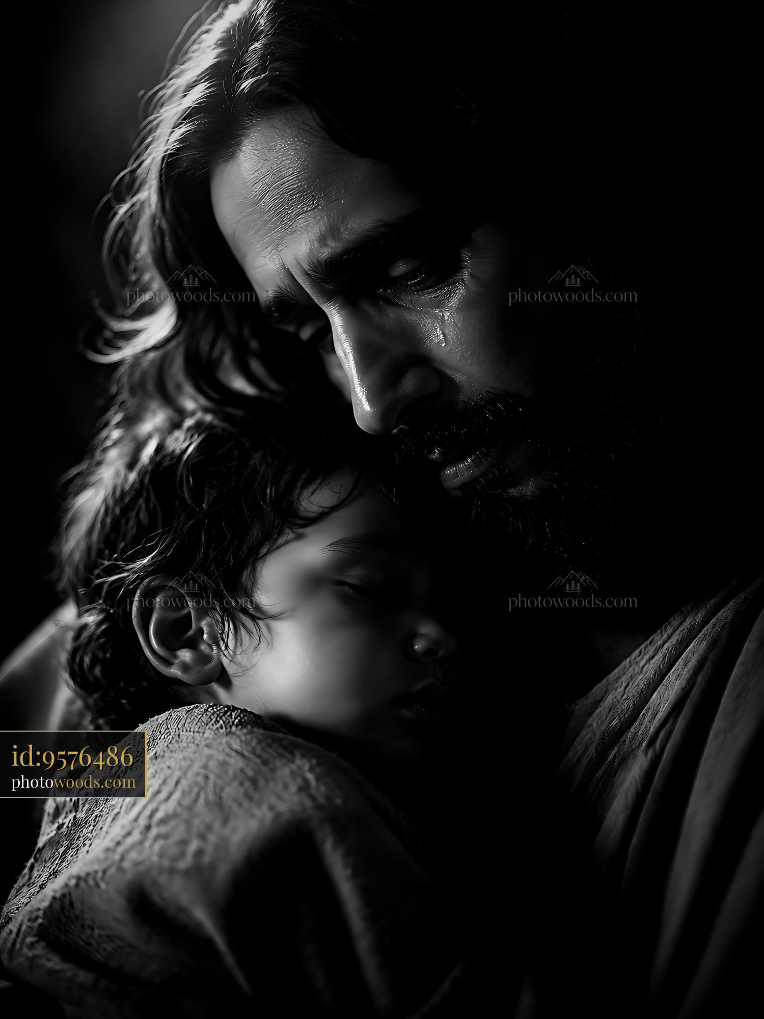 Man Holding Sleeping Child in Dark Room With Soft Light