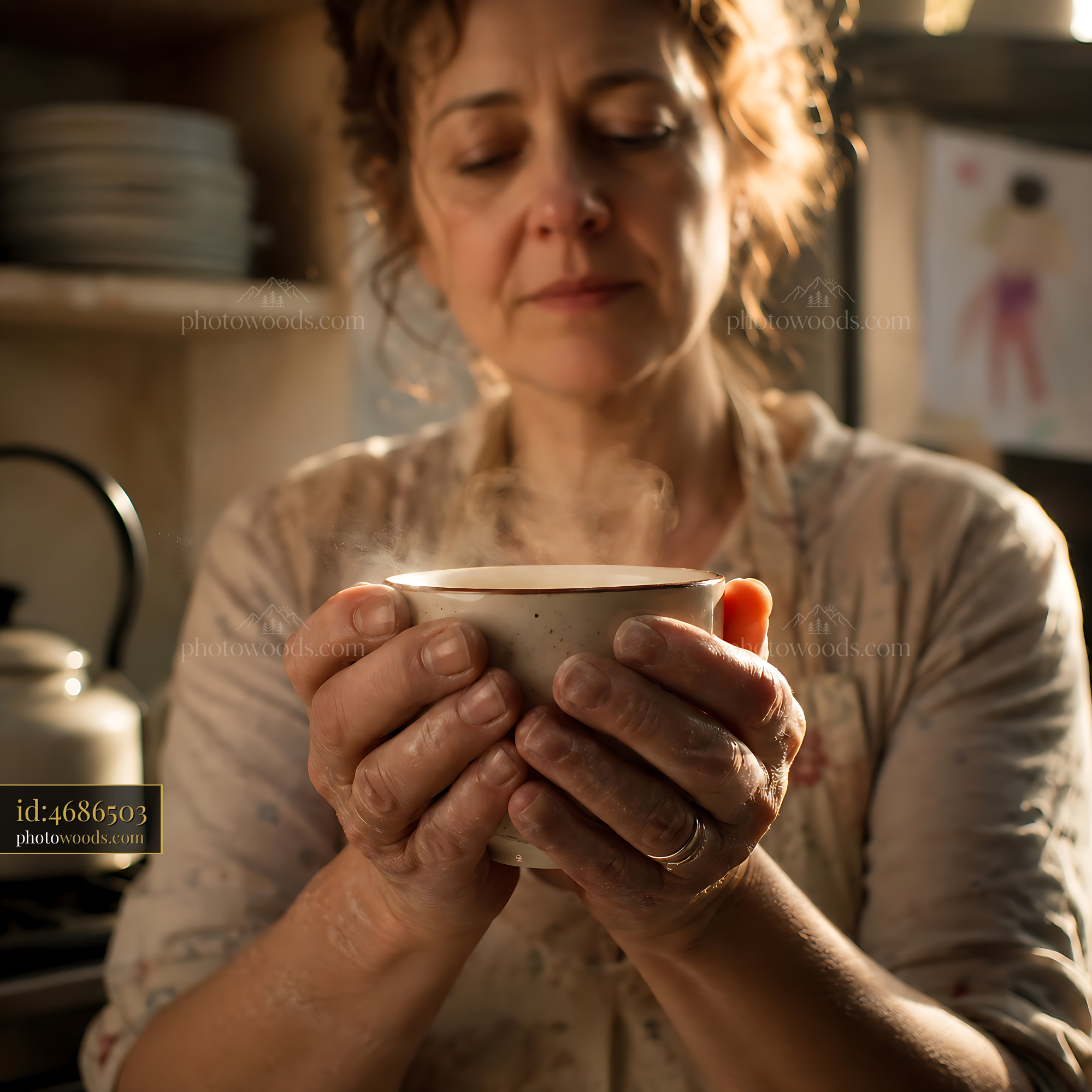 Woman Holding Steaming Cup in Kitchen While Feeling Warmth