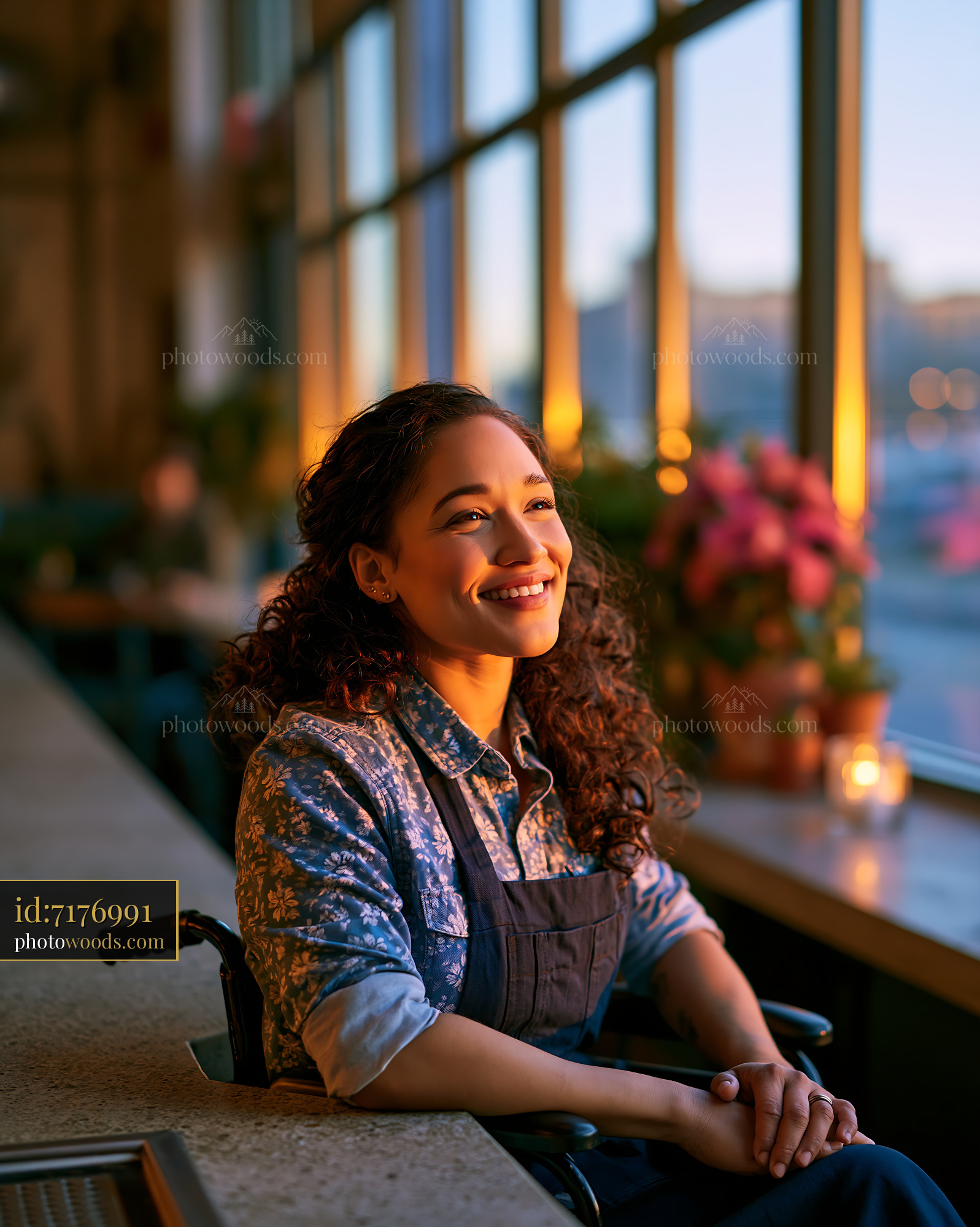 Joyful Chef in Wheelchair Seated at a Cafe During Golden Hour