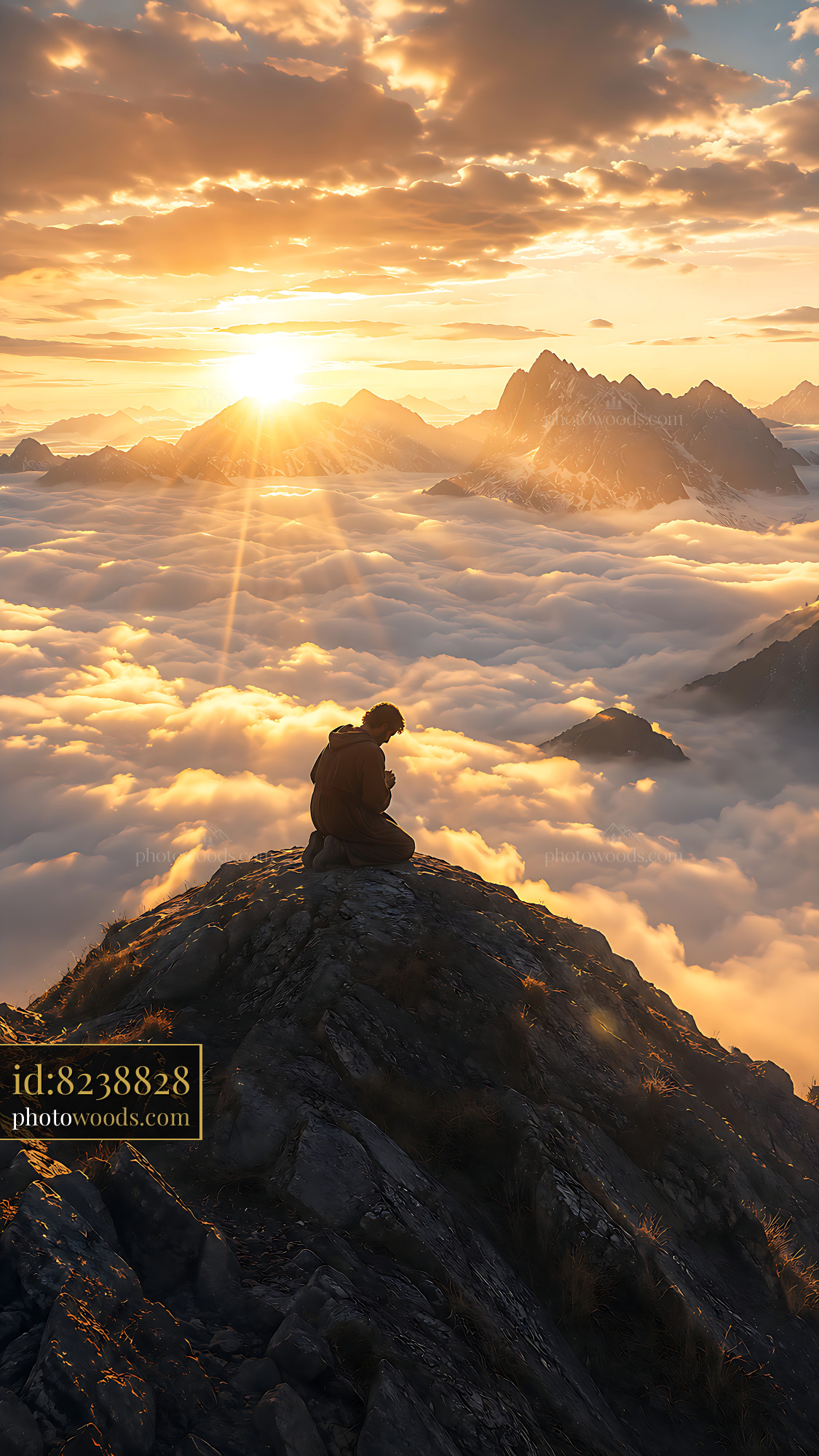 Person Sitting on Mountain Rock During Sunset Over Clouds