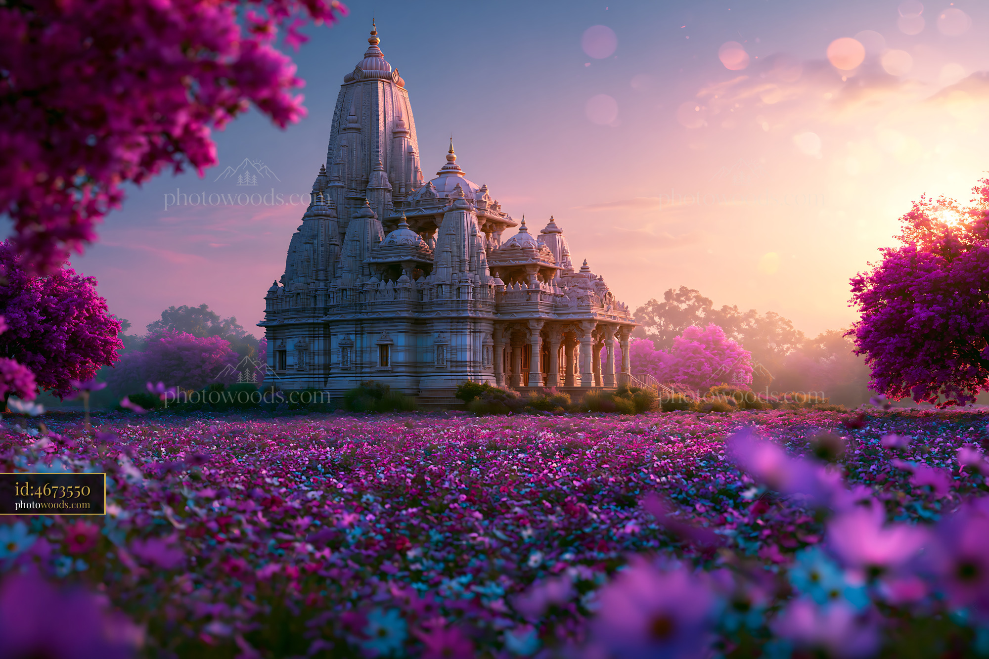 Architectural Photography of Temple in a Flower Field at Sunset