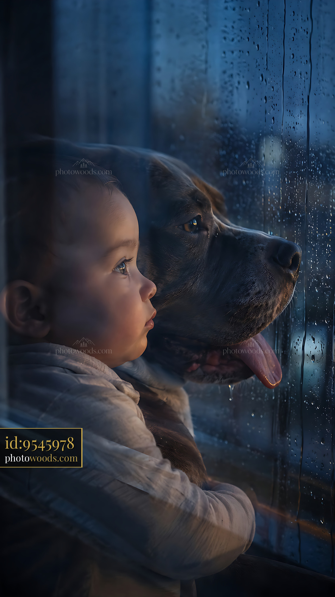 Dog and Child Look out a Rainy Window at Dusk Together