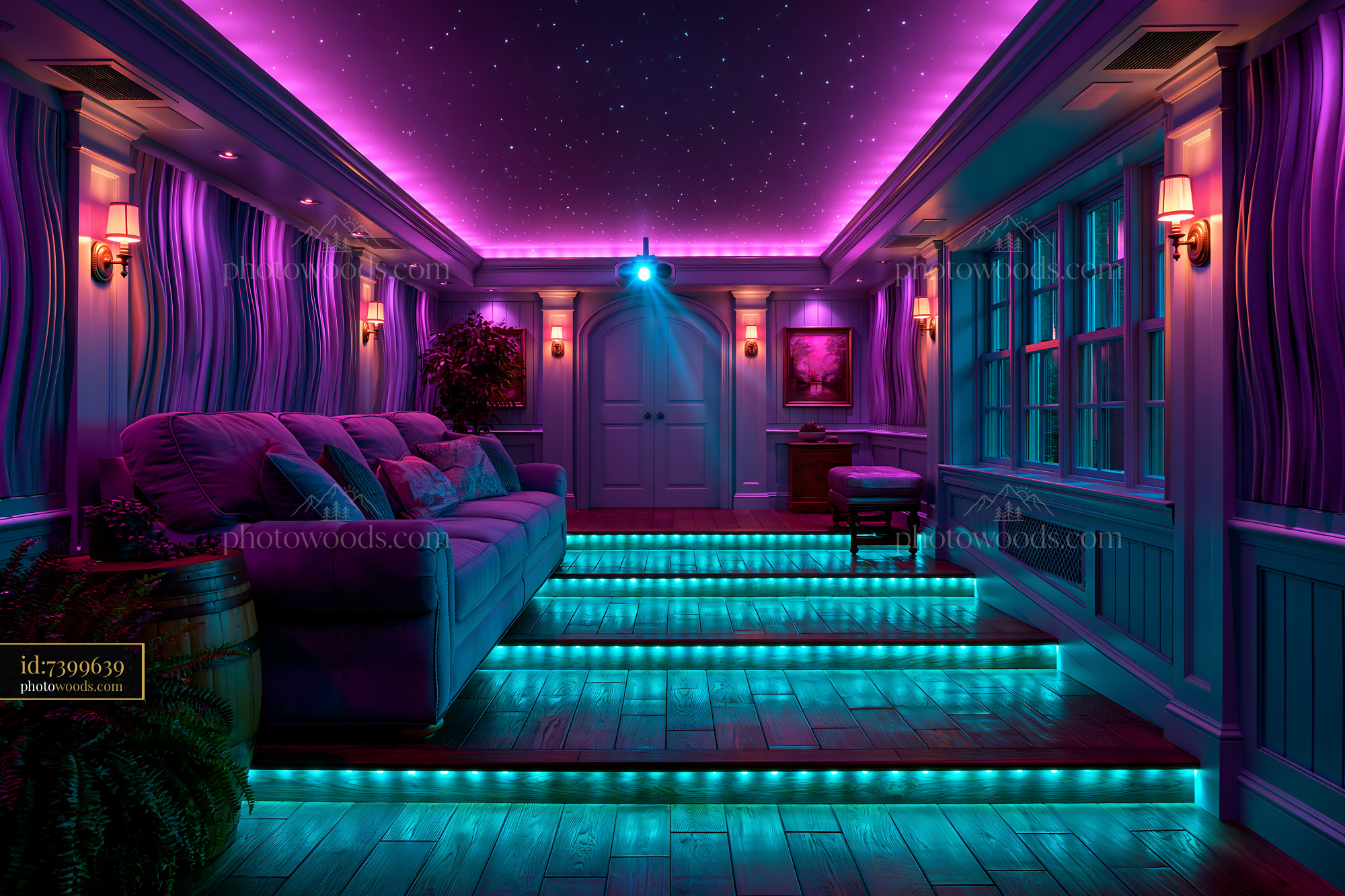Home Theater Room With Purple Lighting and Comfortable Seating