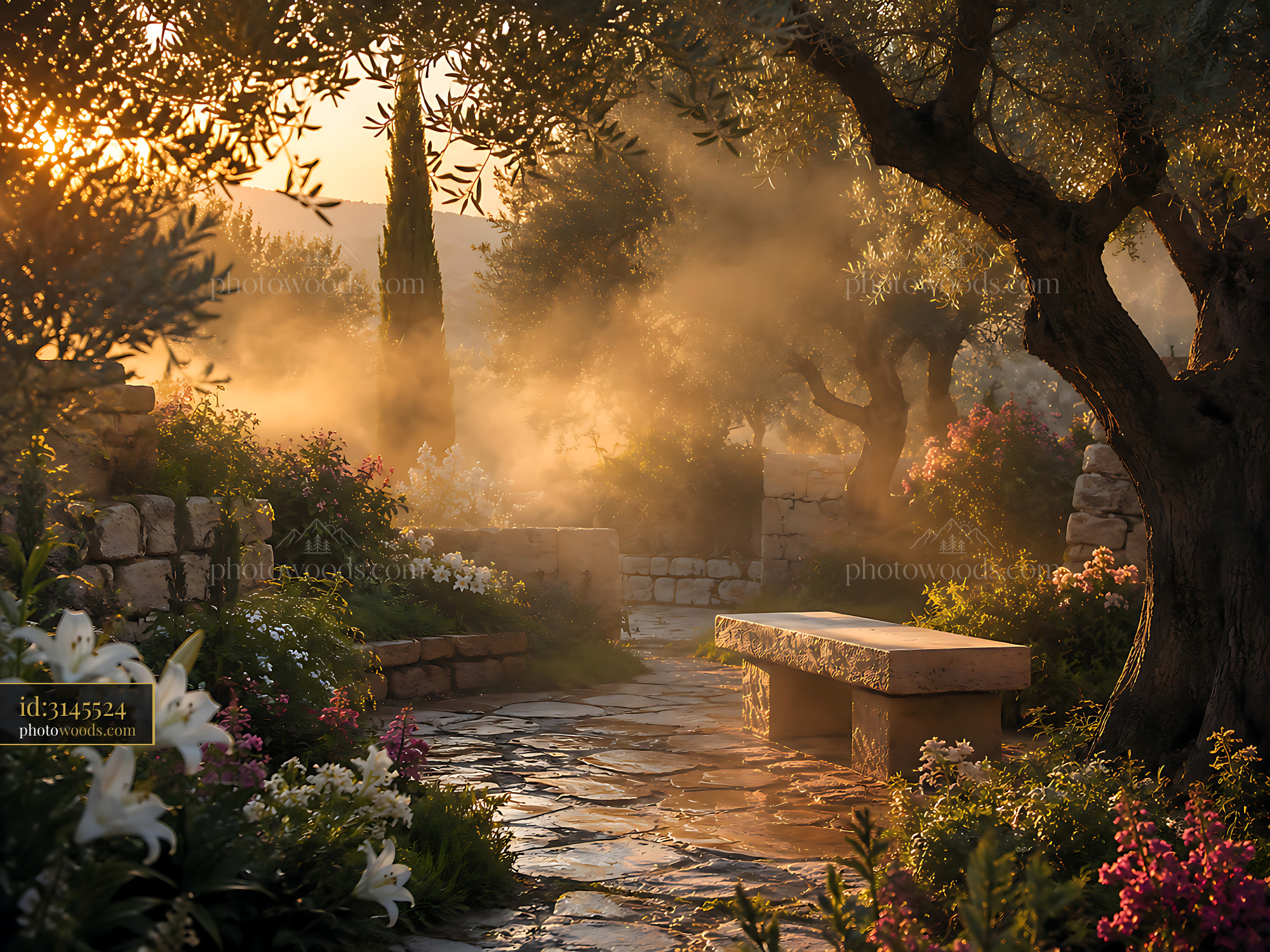 Garden Pathway Lined With Flowers at Sunrise Under Soft Light