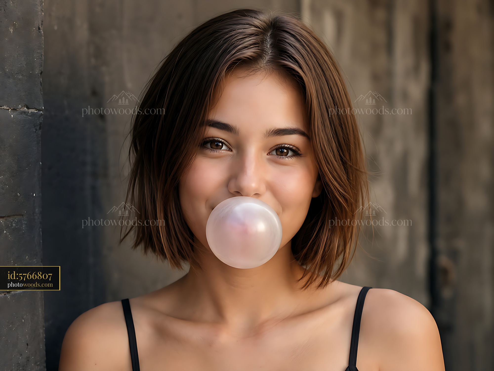 Girl Blowing Bubble Gum While Standing Against a Wall