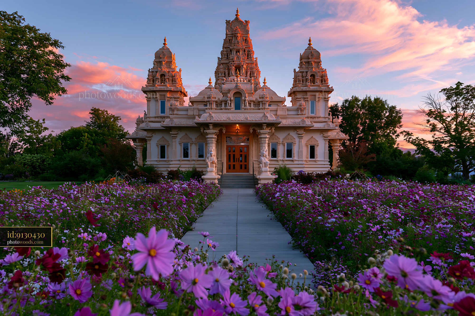 Hindu Temple in Boise, Idaho With Blooming Flowers at Sunset