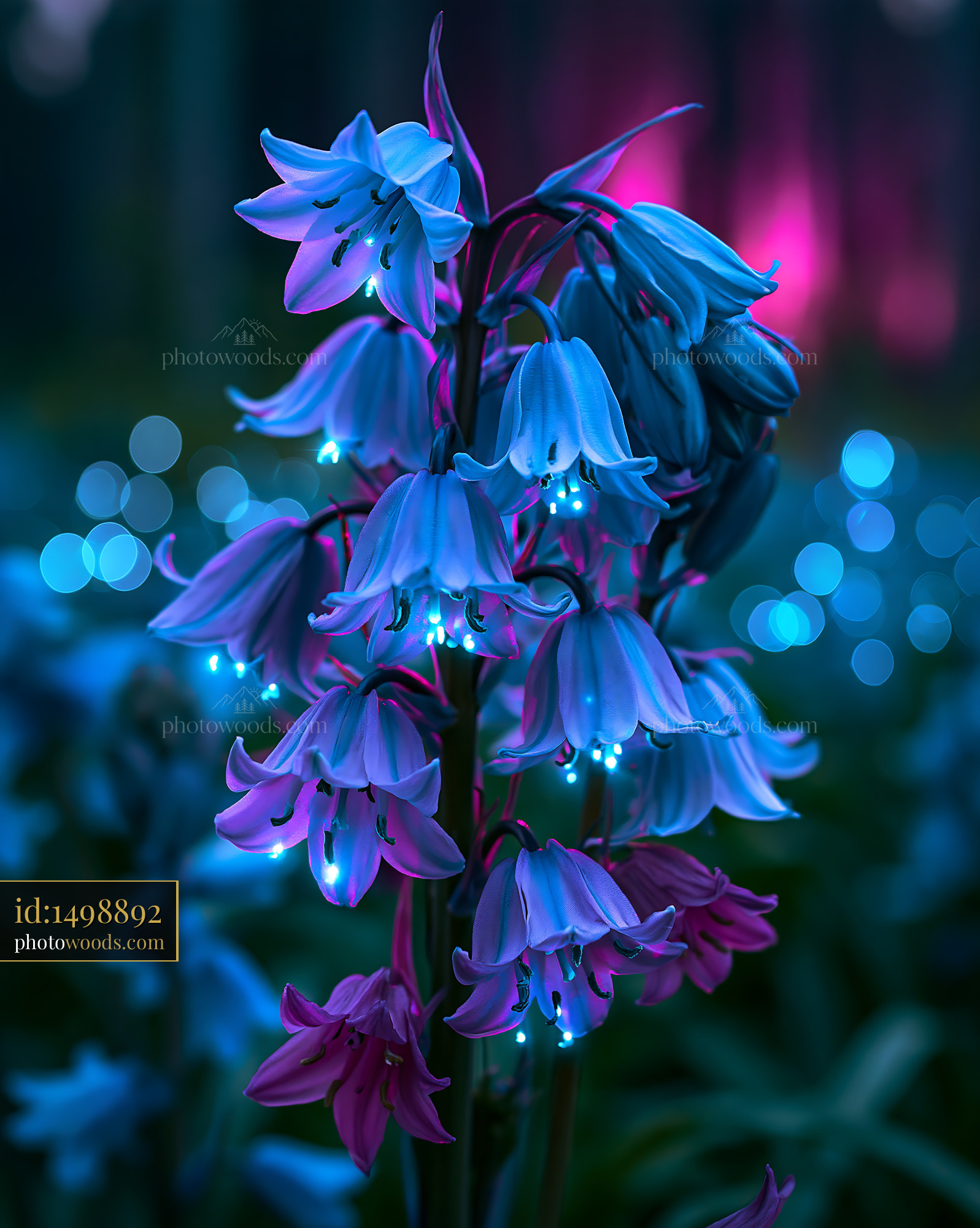 Flowers Glisten With Blue and Pink Lights in a Forest Setting