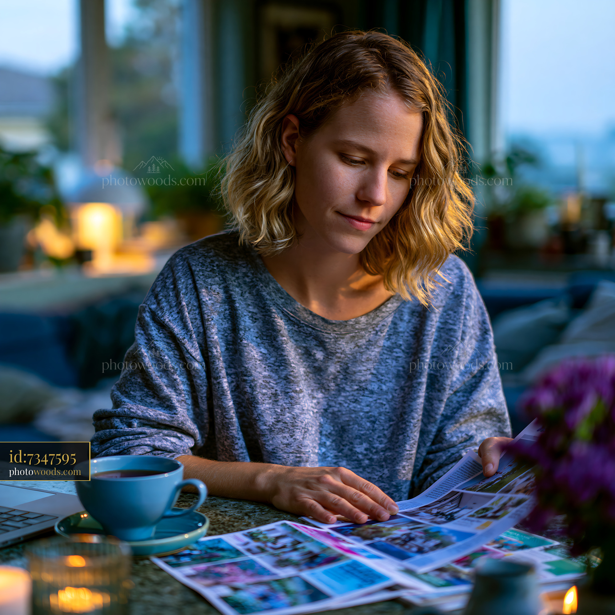 Young Woman Reading Financial Information at Home in Evening