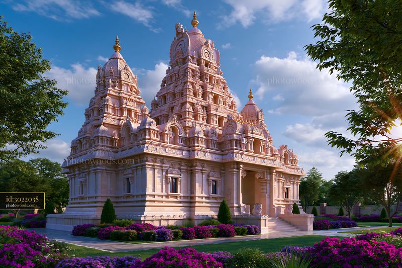 Hindu temple with intricate architecture surrounded by flowers