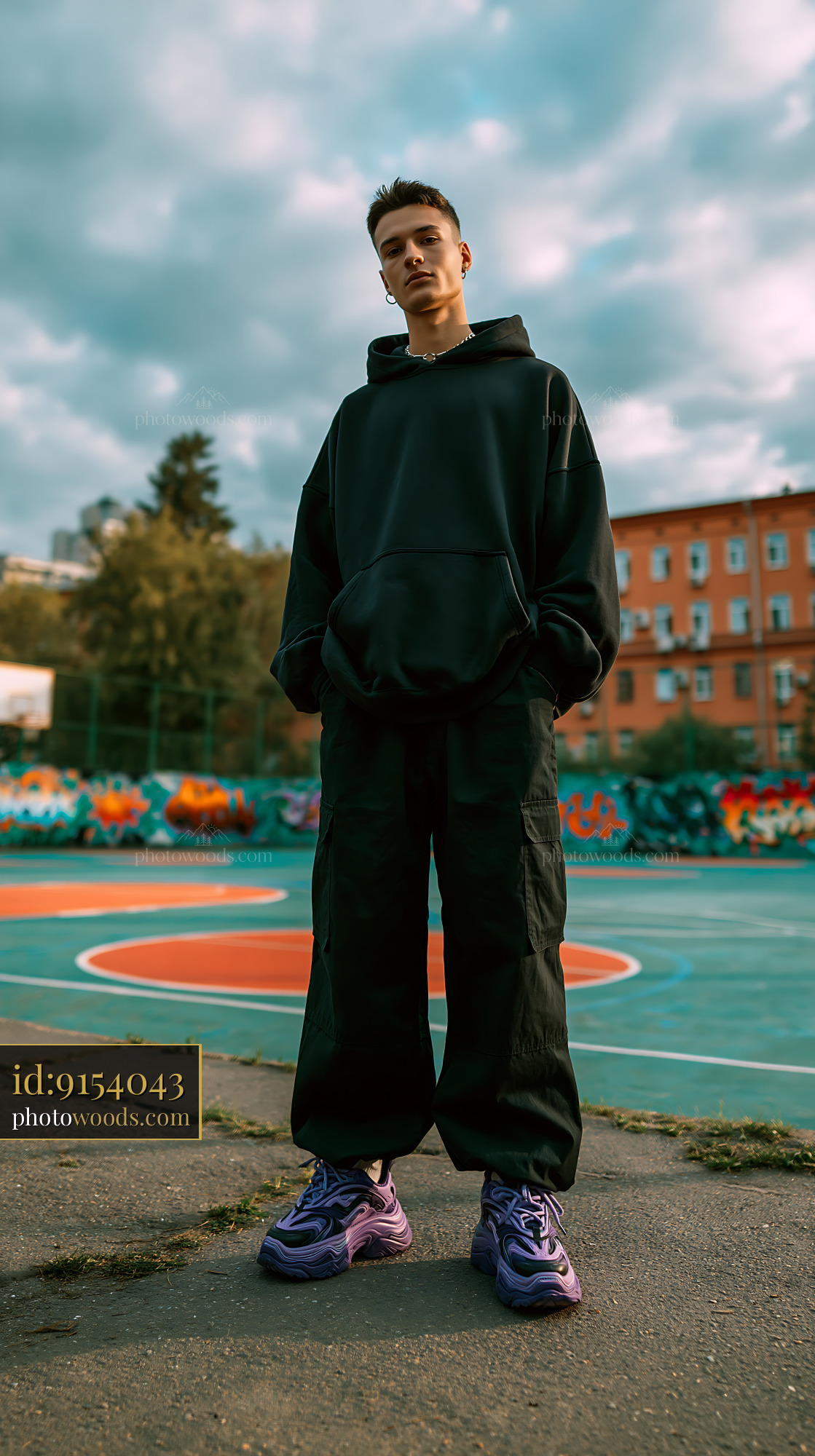 Confident Young Man in Oversized Hoodie on Basketball Court