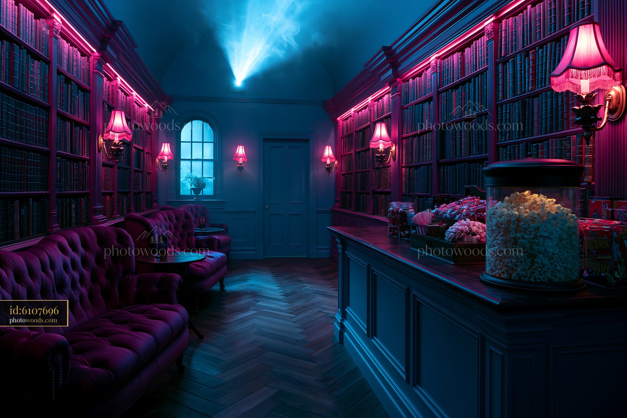 Dark Academia Basement Cinema With Cozy Seating and Popcorn