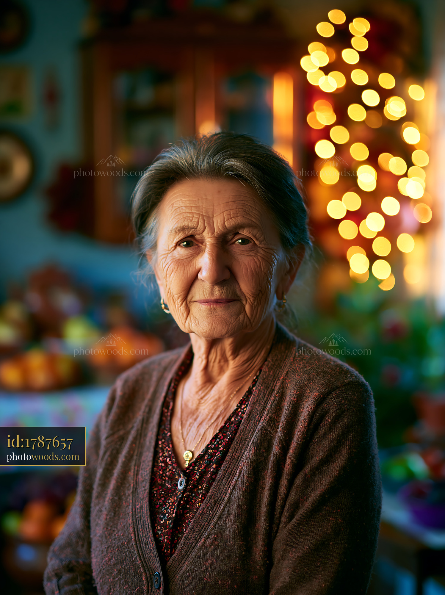 Elderly Woman Smiles Warmly in Cozy Indoor Setting With Holiday Lights