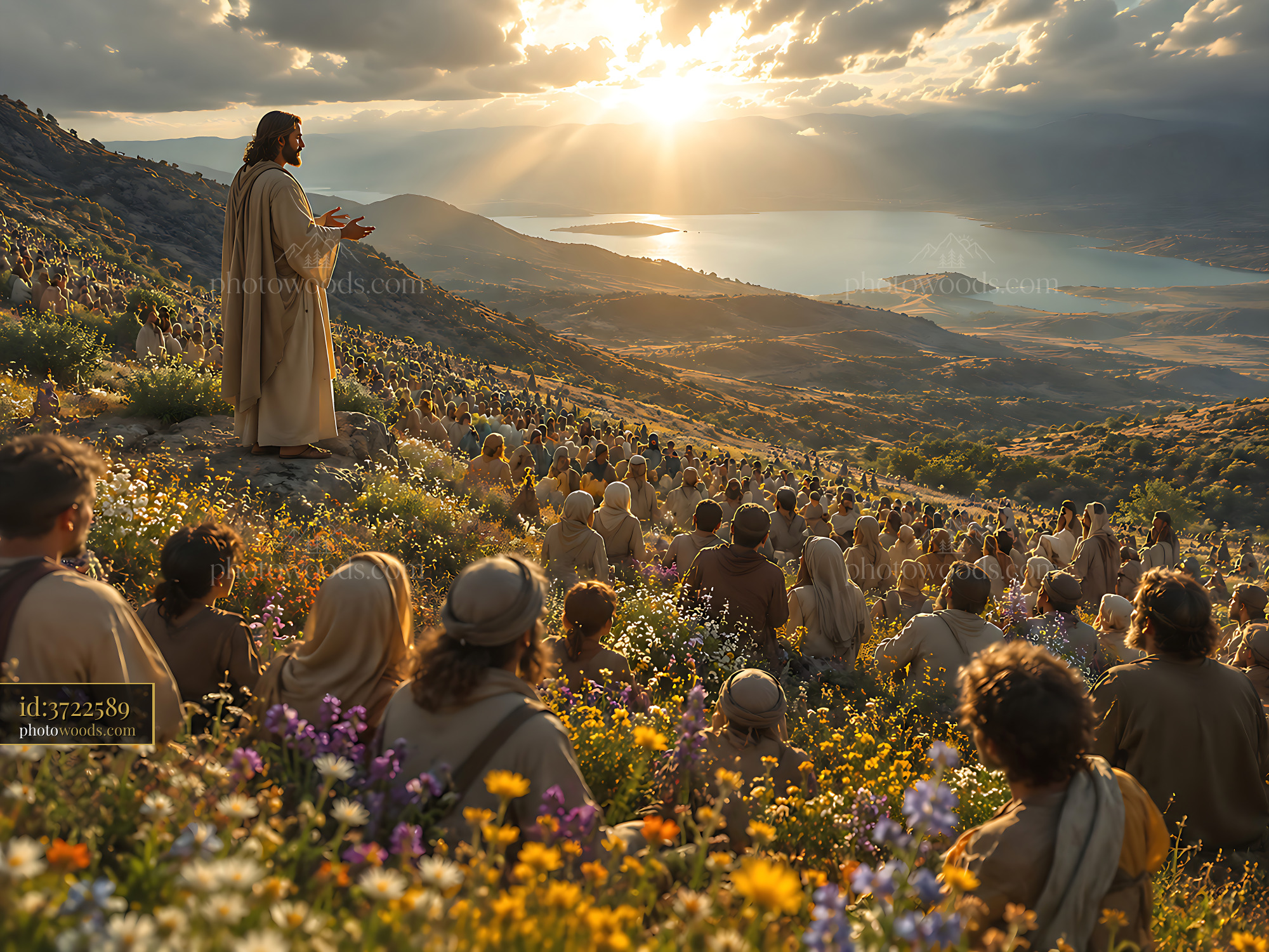 People Listening to a Man Speaking on a Mountainside at Sunset