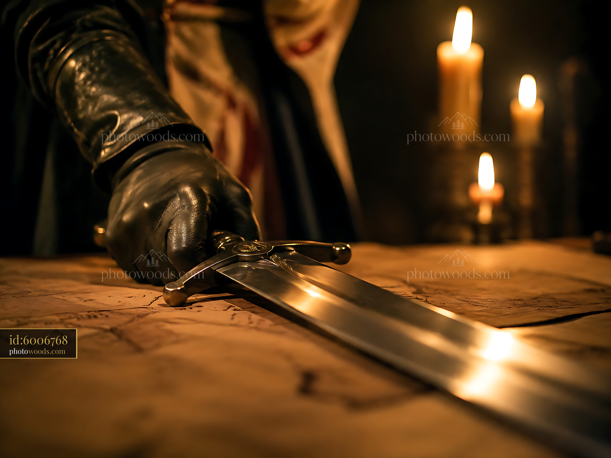 Sword Rests on Old Map in Dark Room With Flickering Candles