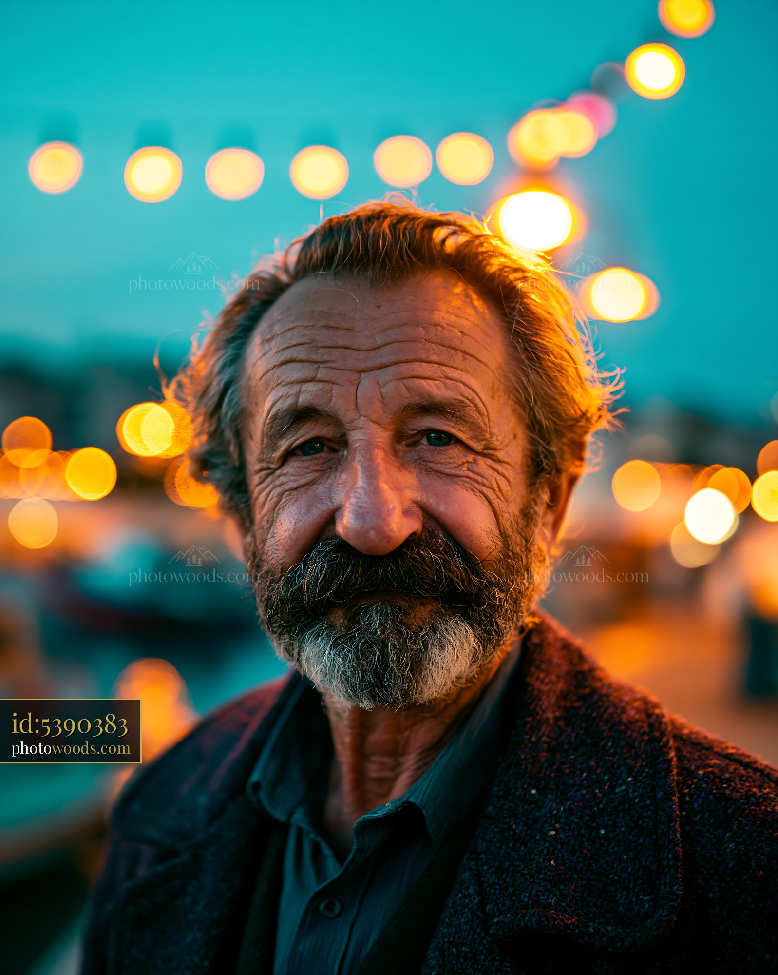 Grizzled Sea Dog With Weathered Face Near Festive Lights in Evening