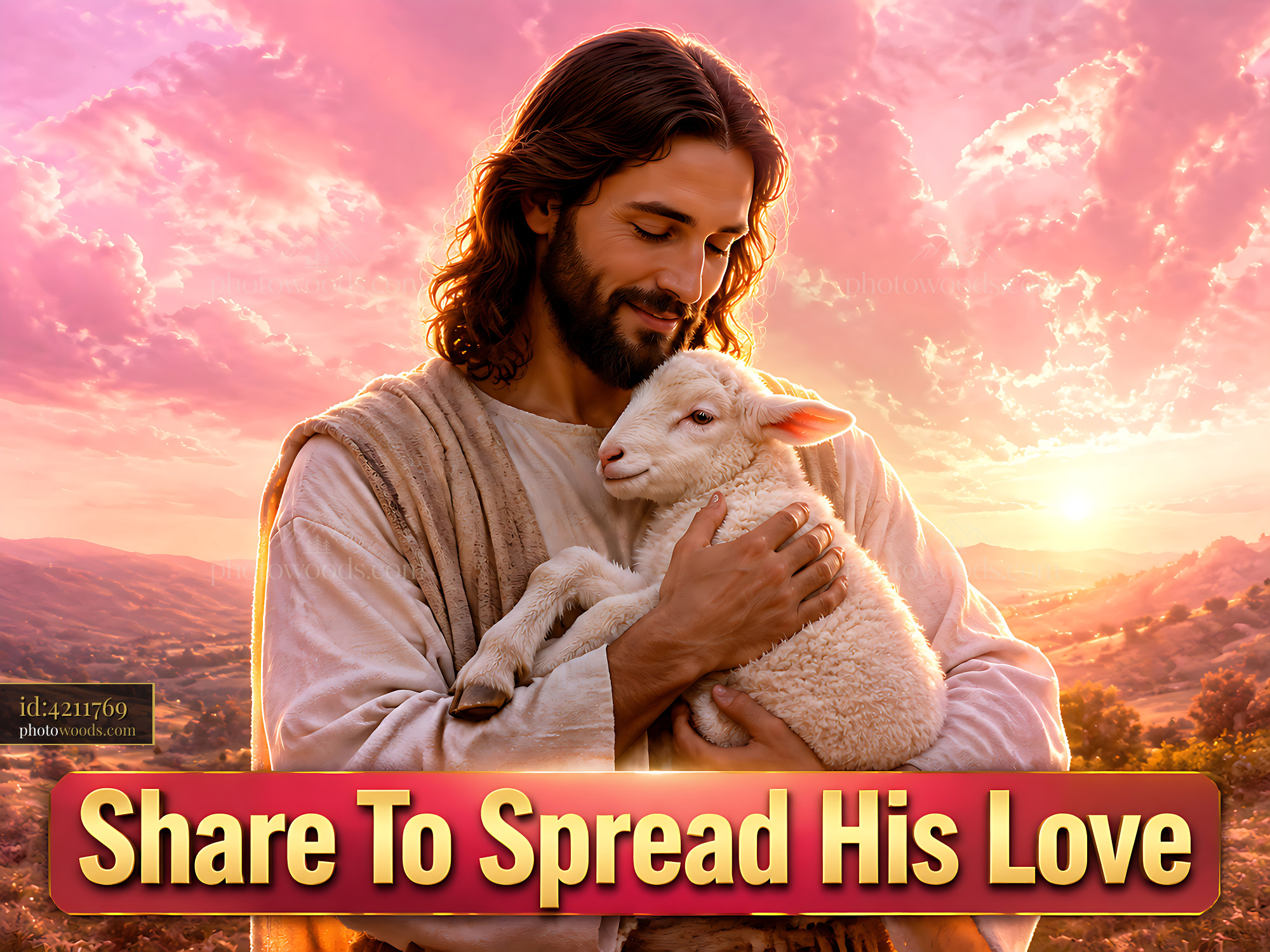 Jesus Holds a Lamb in a Sunset Landscape With Vibrant Colors
