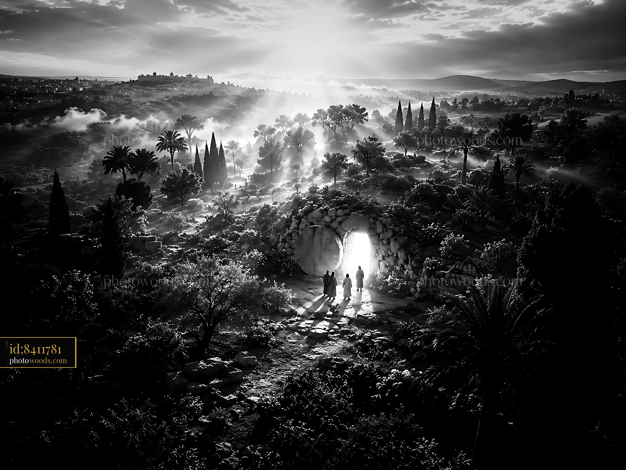 People Walking Towards a Light in the Distance at Dawn
