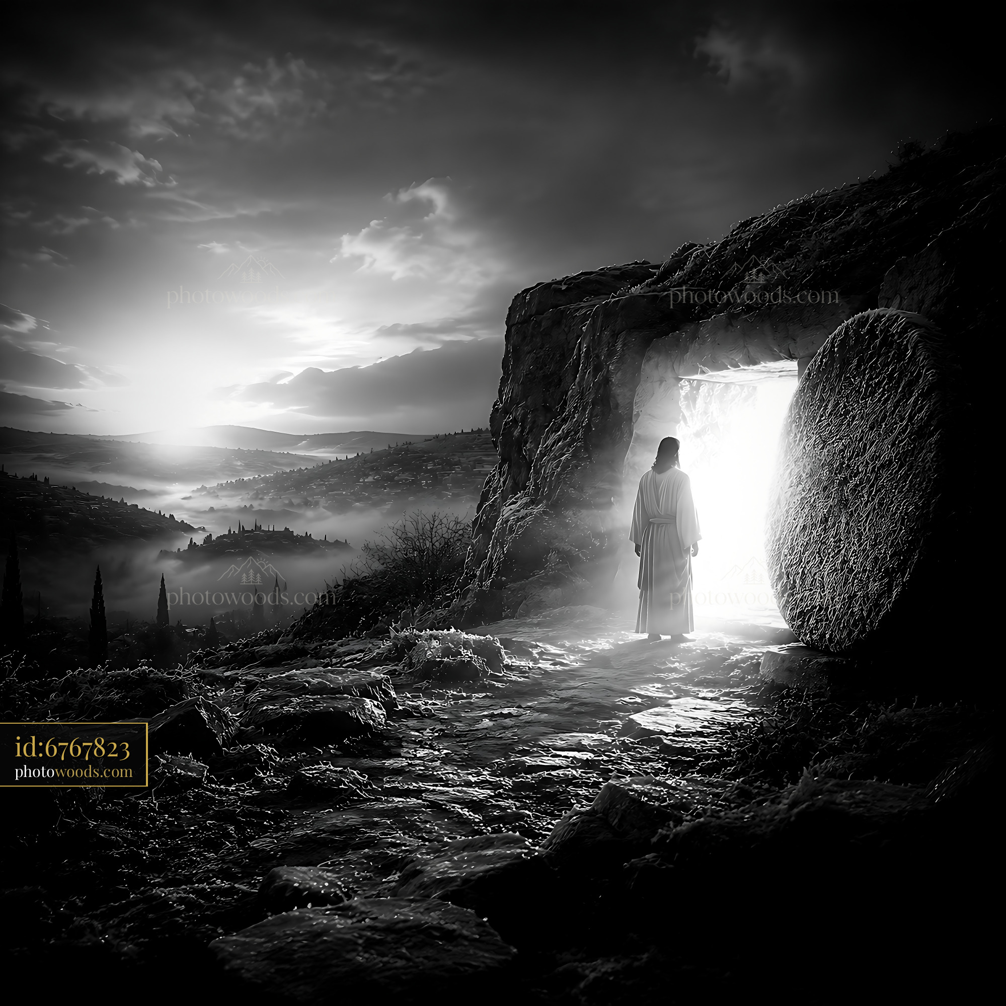 Person Standing at a Stone Tomb Entrance in a Valley Landscape