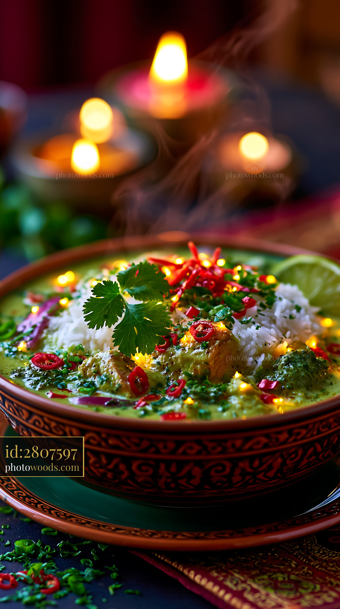 Thai Green Curry With Jasmine Rice Served in a Bowl