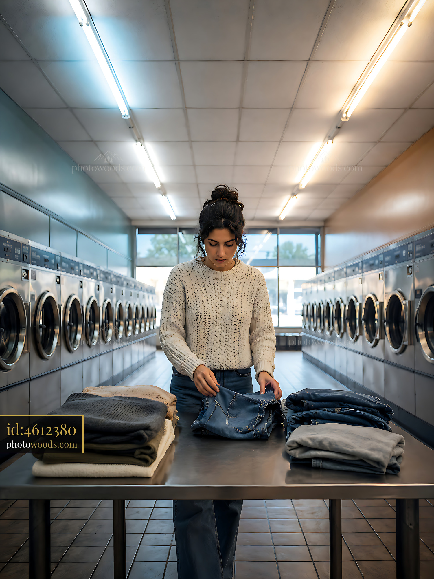 Woman Folding Laundry in a Laundromat While Organizing Clothes