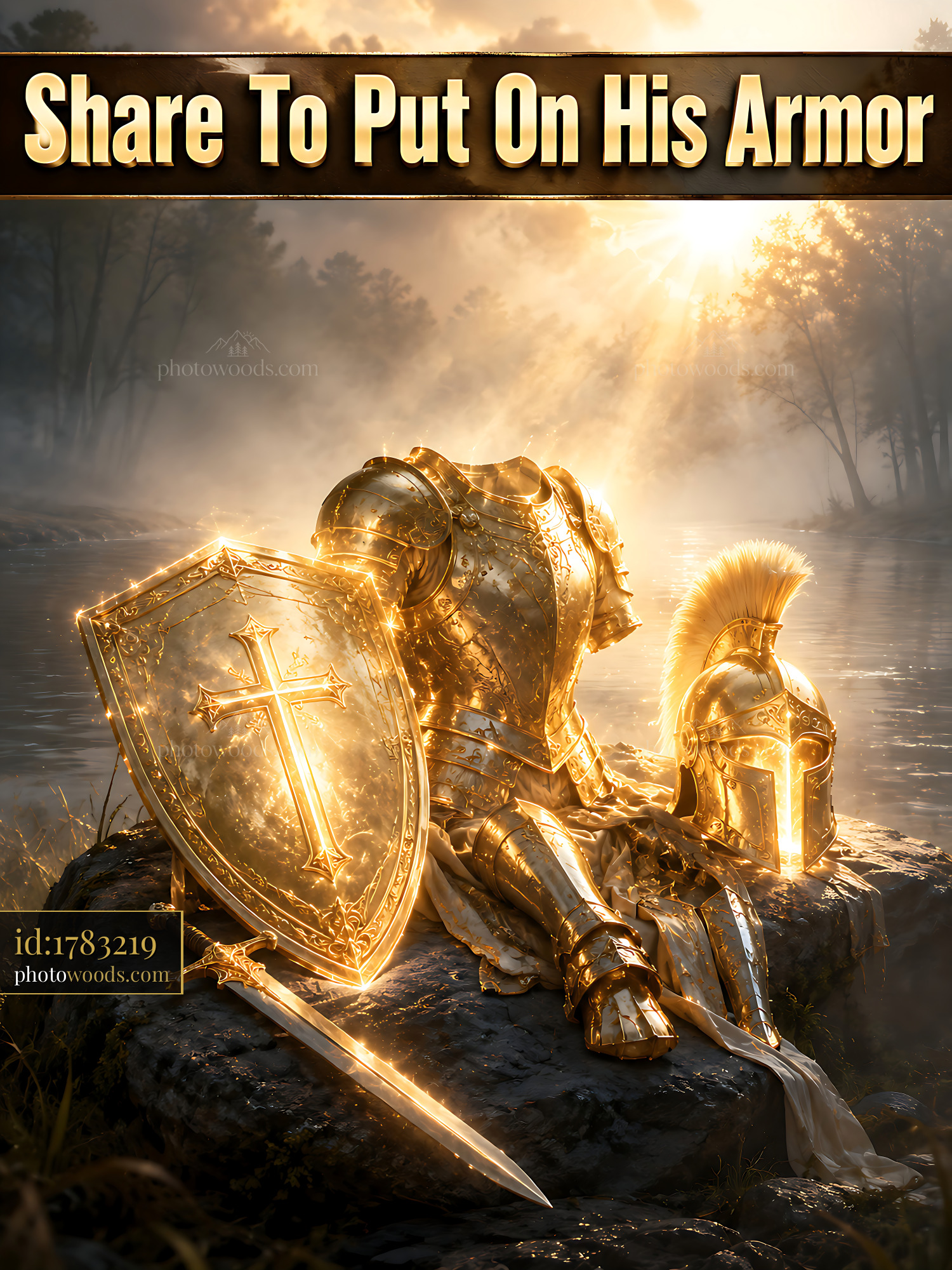 Knight Armor and Shield Displayed Near Water at Sunrise