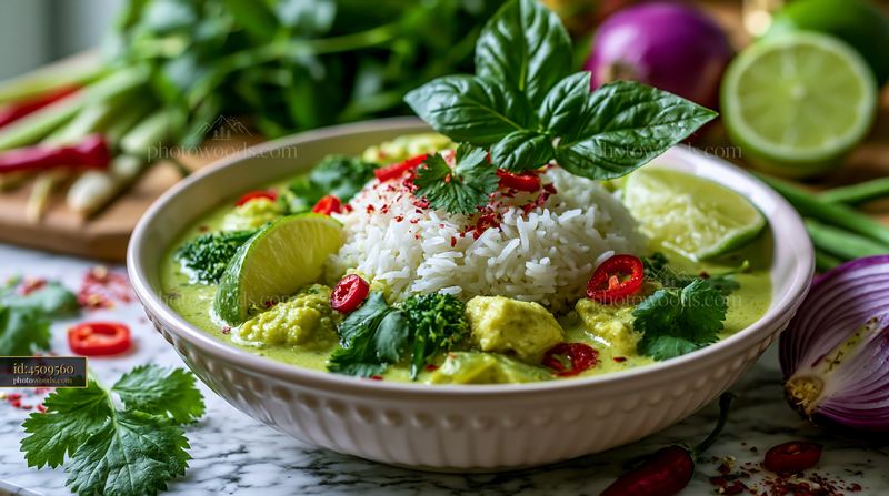 Thai Green Curry With Jasmine Rice and Fresh Herbs on Marble Table