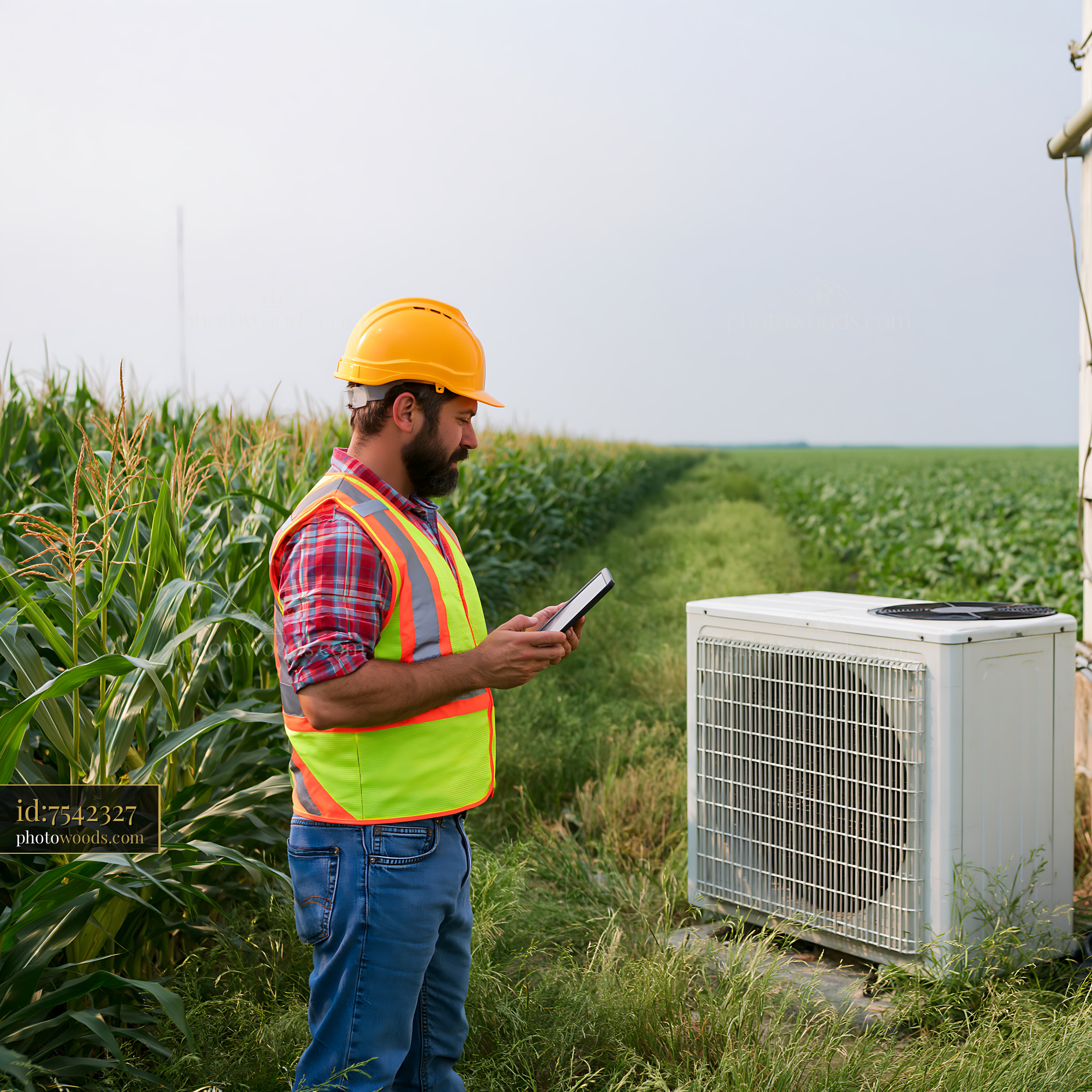 Technician Checking Heat Pump in Cornfield During Daylight