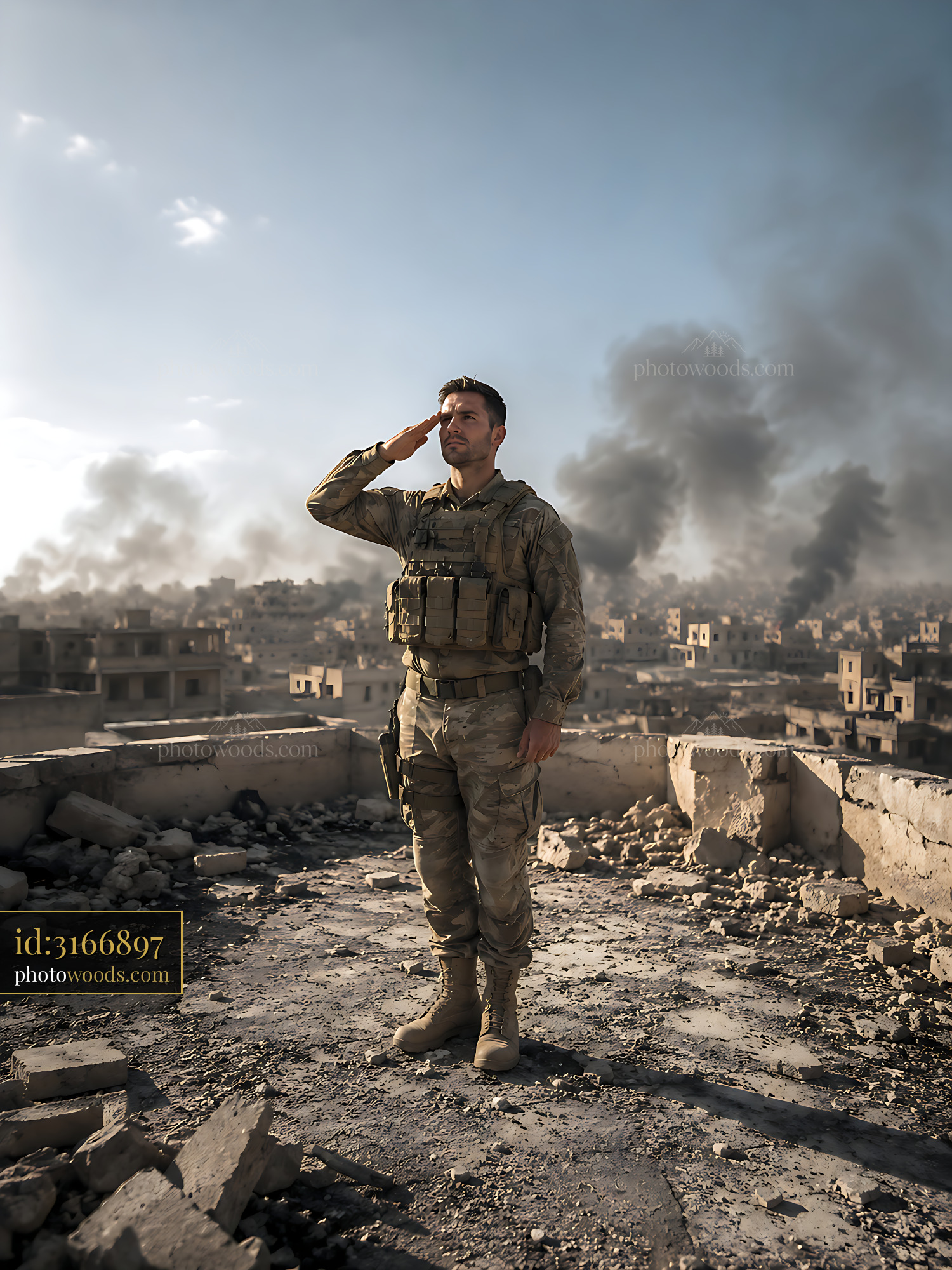 Soldier Saluting on a Rooftop, City in Smoke and Debris