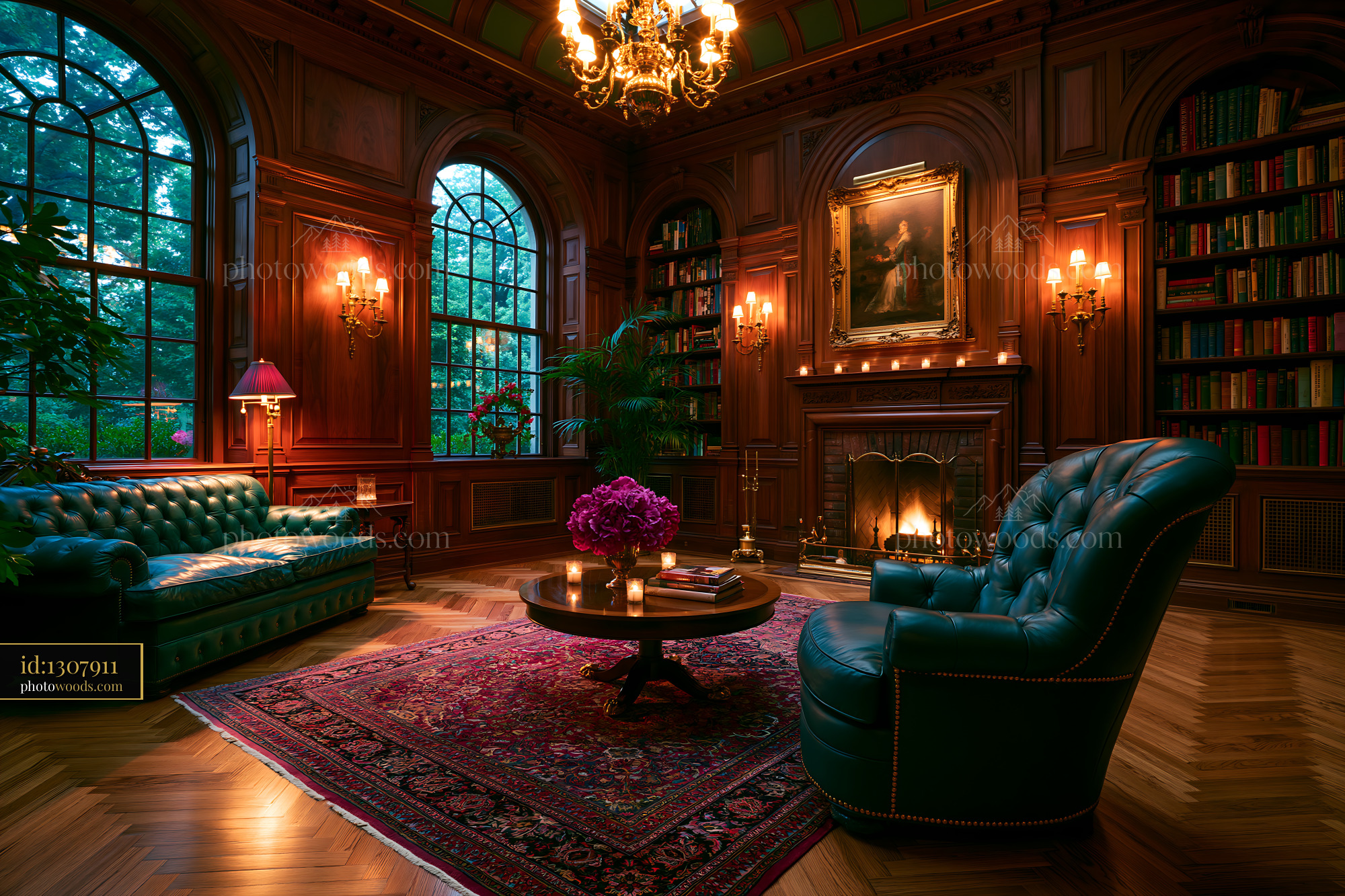 Cozy Luxury Den With Walnut Paneling in Evening Light