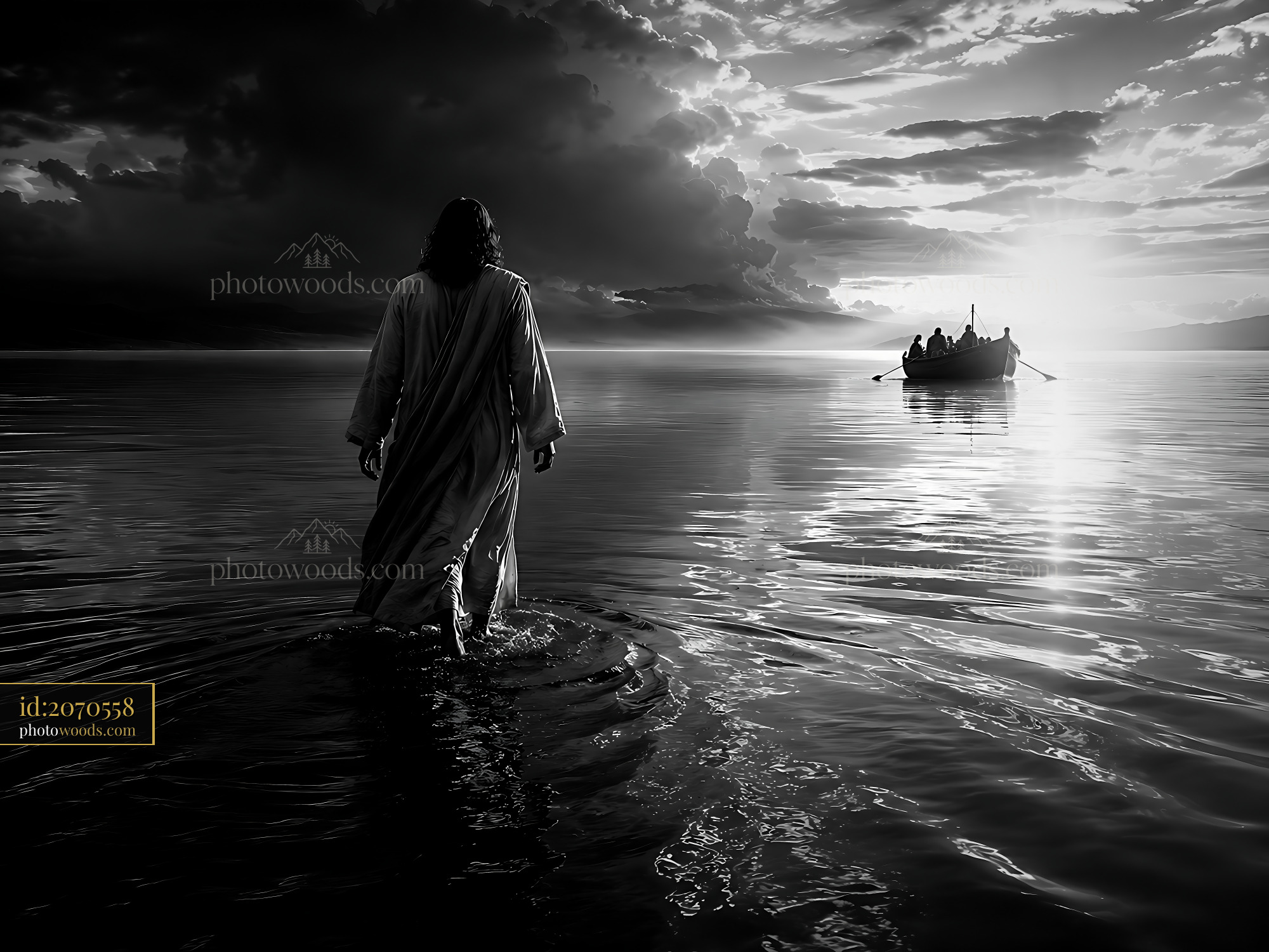 Figure Walking on Water Towards Boat at Sunset