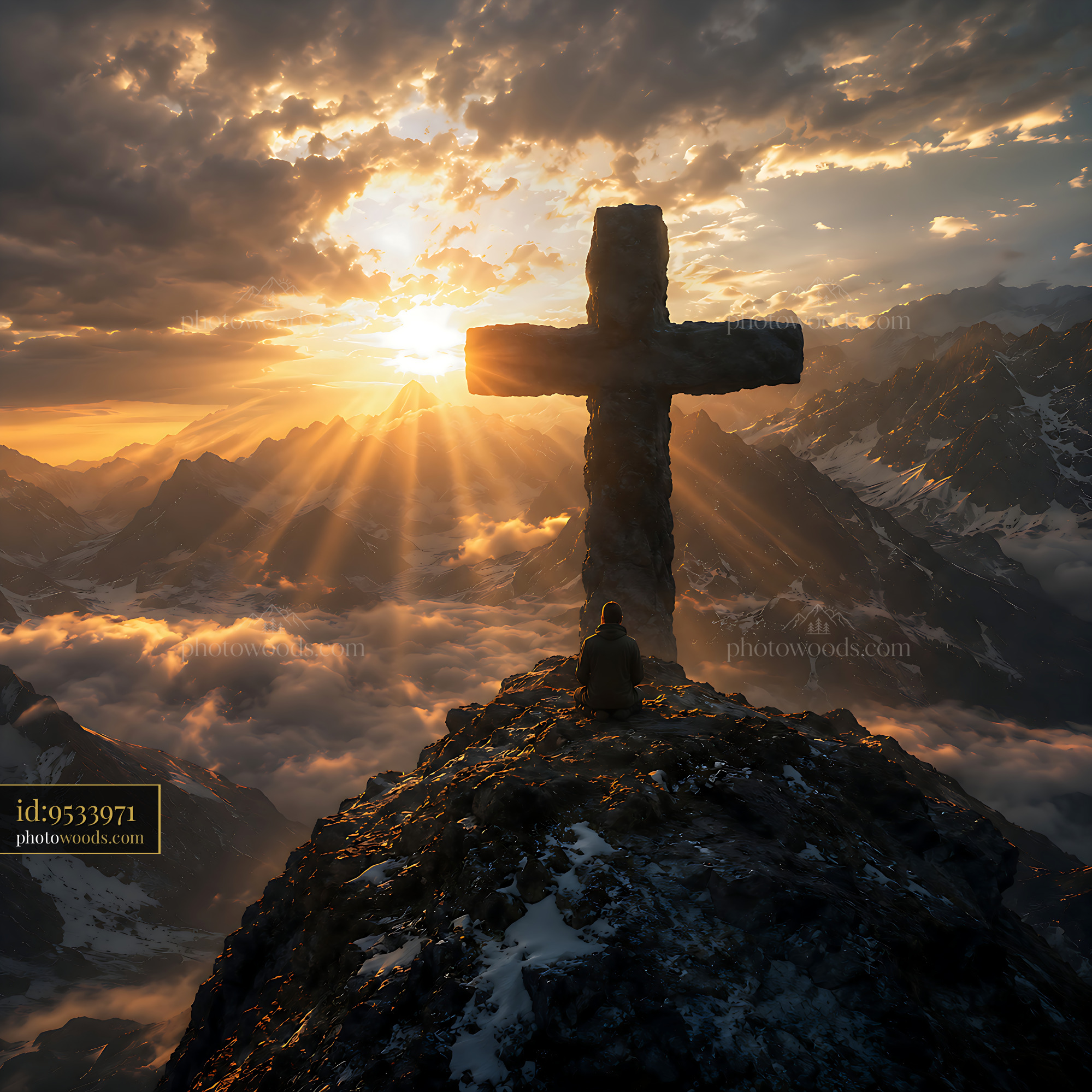 Cross Stands on a Mountain Peak During Sunset With a Person Sitting