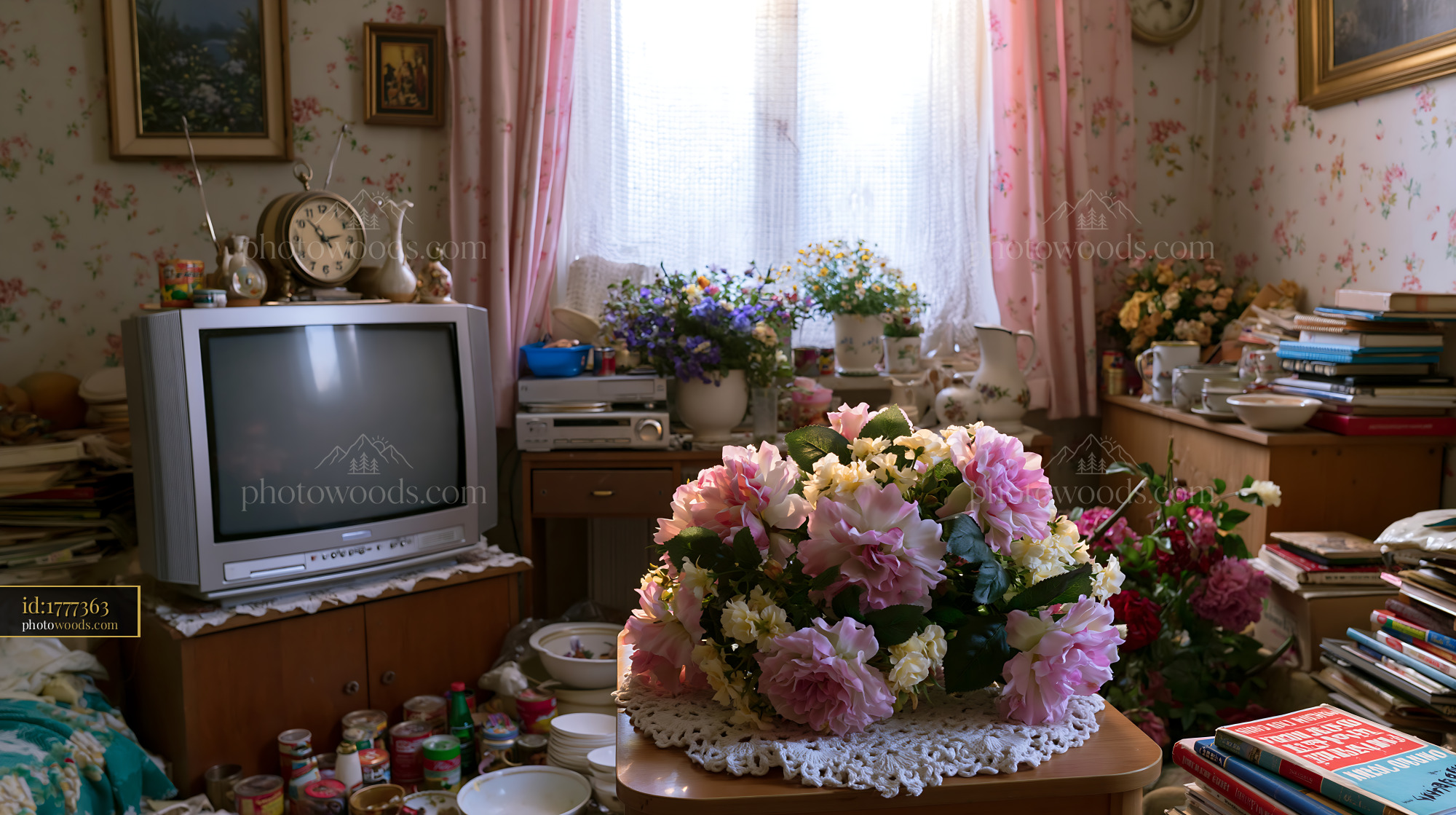 Cluttered Living Room With Flowers, Books and Vintage Decor