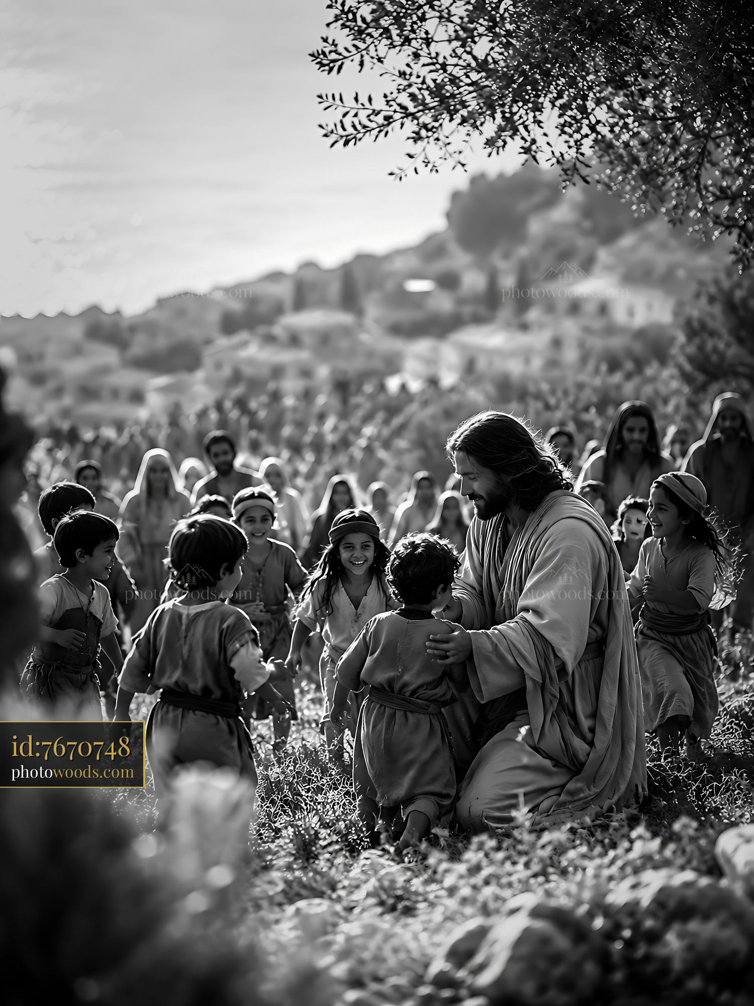 Jesus Interacts With Children in a Field Near the Sea