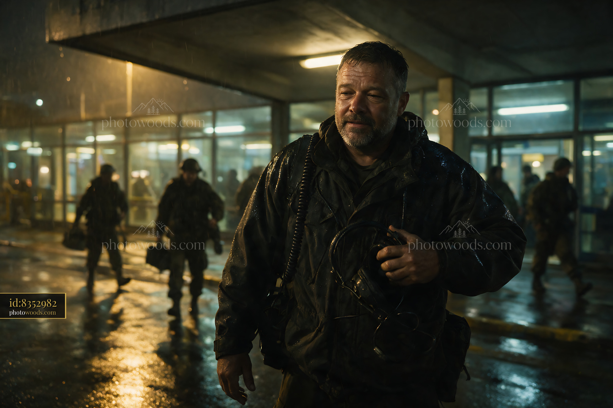 Soldier in Raincoat Walking Through Rainy Night