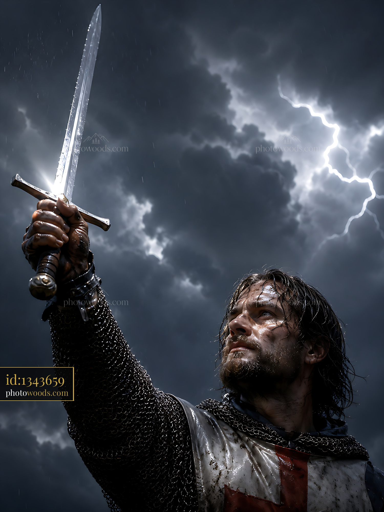 Knight Raises Sword Against Stormy Sky With Dramatic Clouds